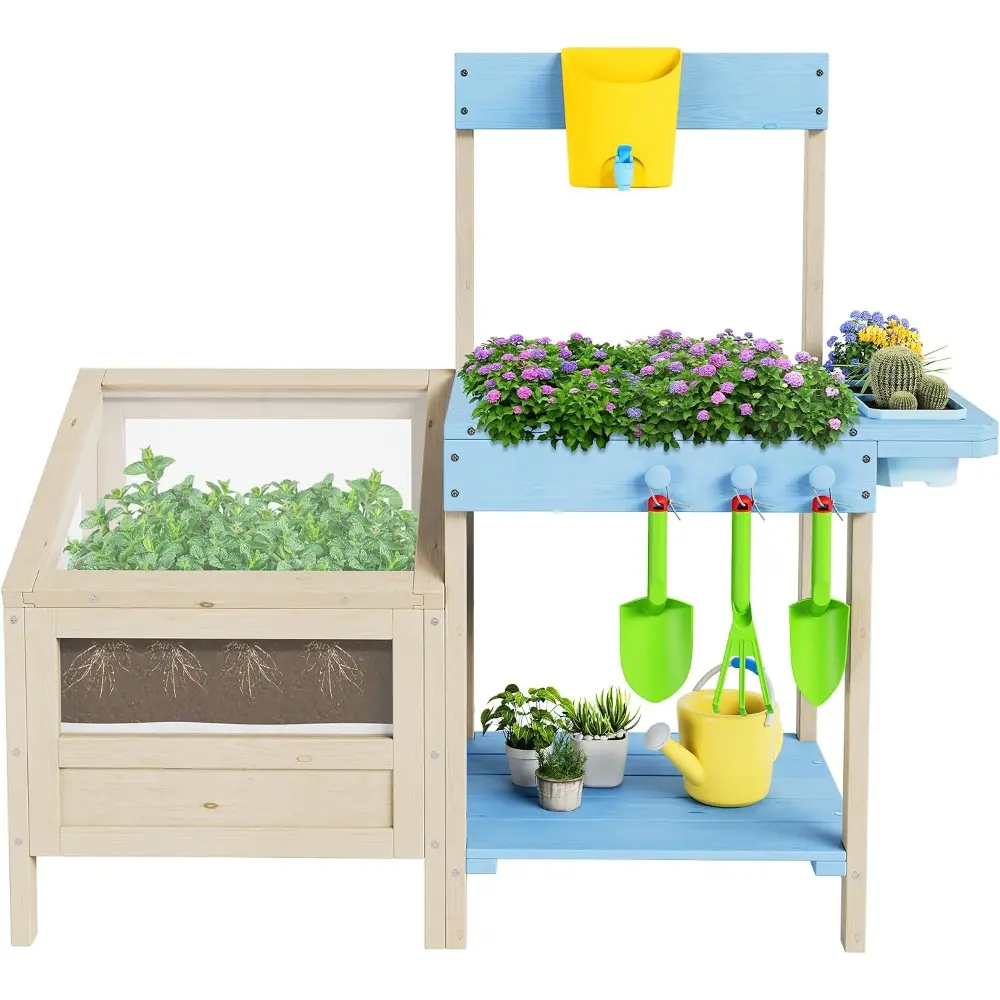 Outdoor Garden Potting Bench Table All-Weather Garden Table Work Station with Transparent Planter Box Raised Garden Bed 3 Side Plant Pots and Storage Shelf for Lawn Garden