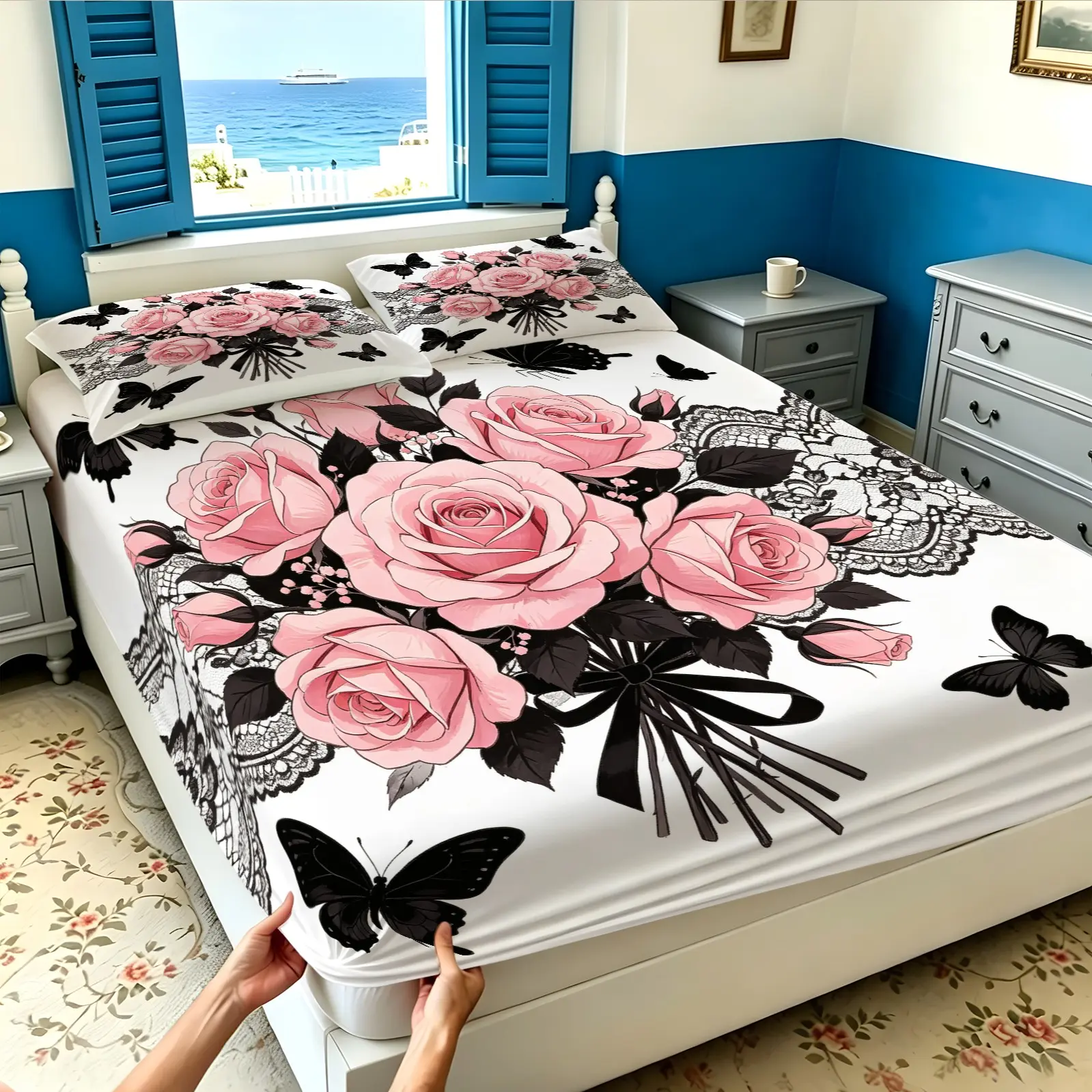 3PCS Fitted Sheet Set With Pink Rose Bouquet Black Butterfly Ribbon Leaf Print, Soft Microfiber, Deep Pocket Wrinkle Resistant Bedding for Bedroom Dorm, Multi Colors Available
