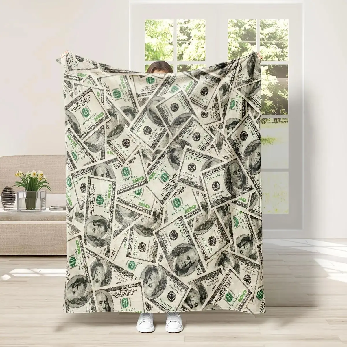 Money Pattern Flannel Blanket - 1 Count Soft Comfortable Throw Blanket, Creative Bedding Supplies for Living Room Travel Office