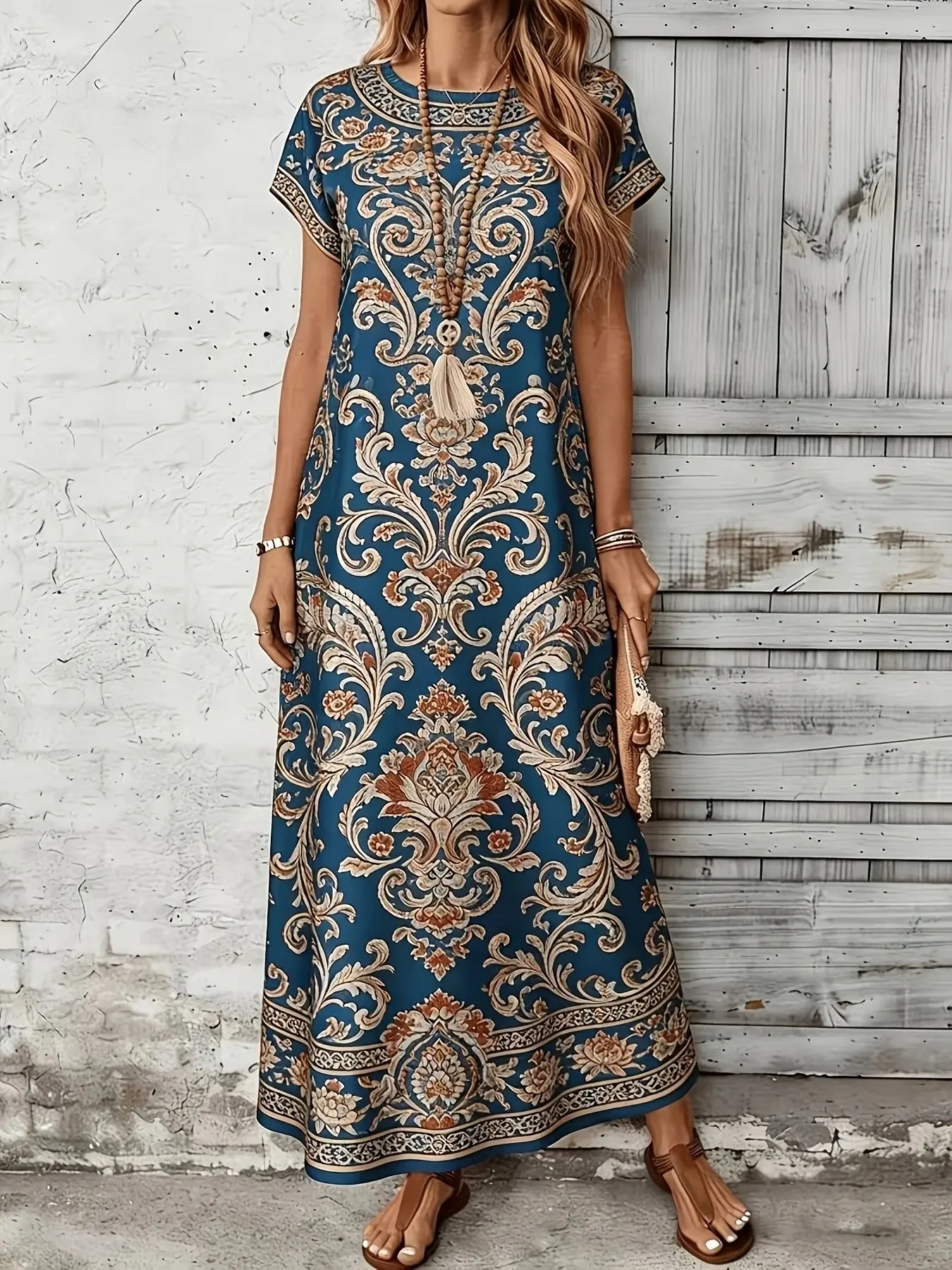 Round Neck Short Sleeve Ethnic Print Dress, Stylish and Comfortable Design, Perfect for Daily Wear, Unique Pattern and Color Combination