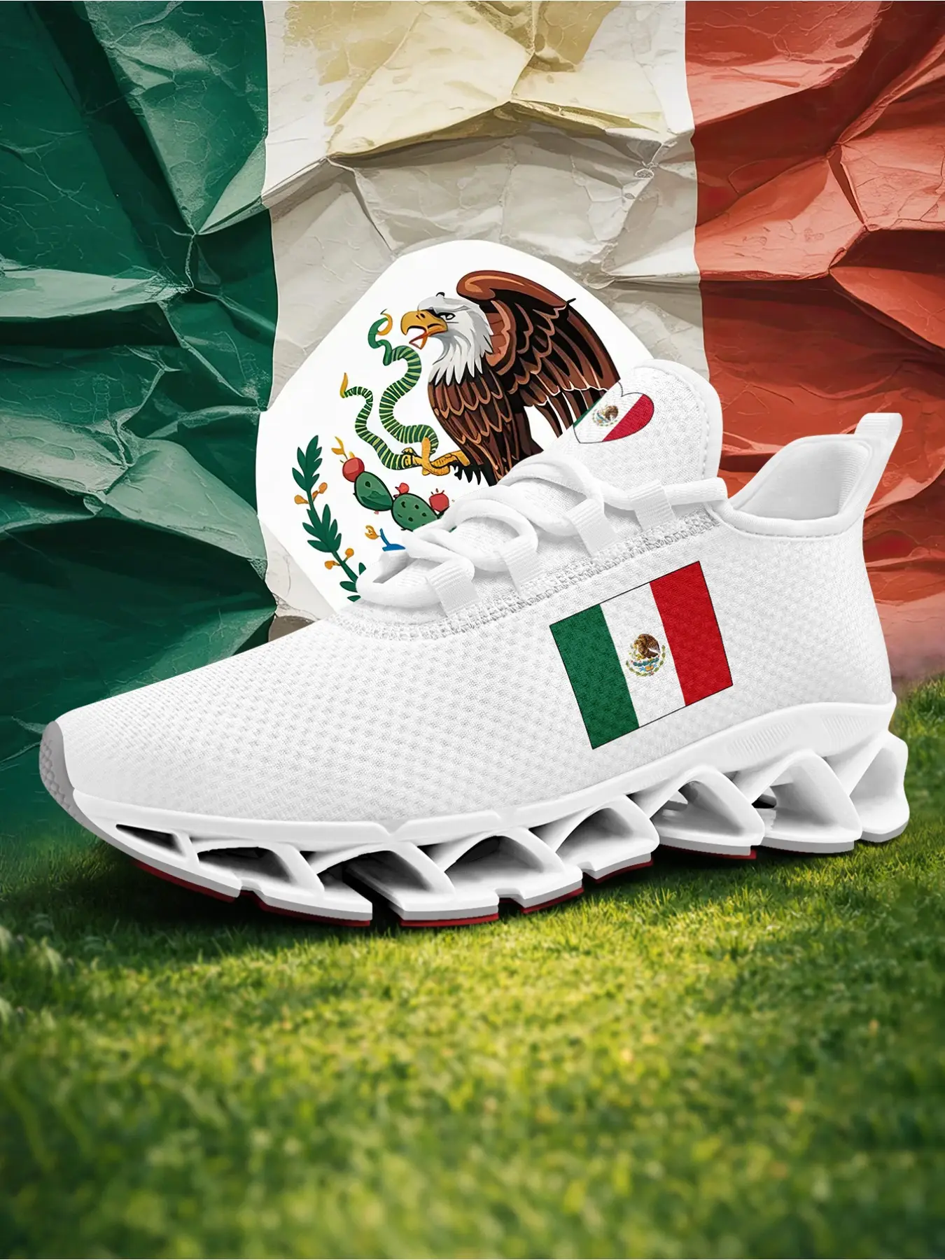 Men's Mexico Flag Print Lace-Up Low Top Sneakers, Lightweight Sports Shoes, Comfortable Casual Running Shoes, Walking Shoes, Casual Running Footwear, Breathable Plus Size