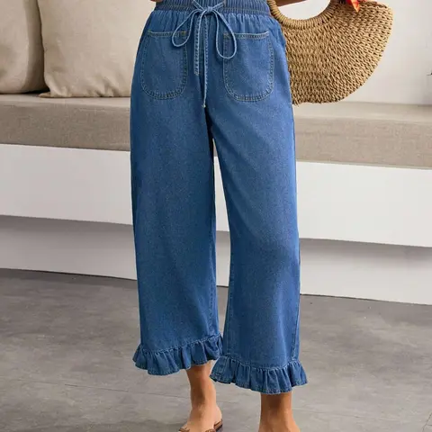 Boho Summer Vacation Women's Light Blue Soft Nine-Inch Denim Jeans Wide Leg Seven-Part Pants, Drawstring Waist, Pockets, Flounce Hem