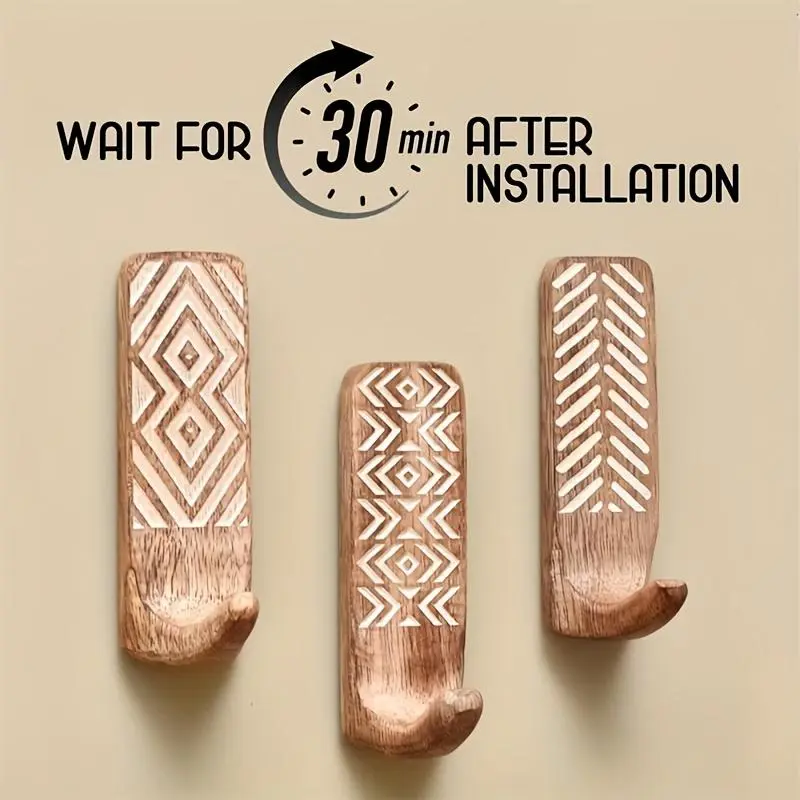 3pcs Bohemian Geometric Pattern Wooden Wall-Mounted Hooks with Alloy Hooks, Easy-to-Install Coat Rack for Towels Robes, Graduation Gift Decor