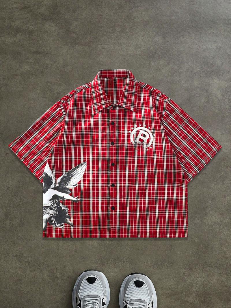 Retro Striped Short Sleeve Shirt with Letter Print, Loose-Fitting Casual Woven Top for All Seasons, Vintage Style Button Shirt, Casual Comfy Shirt