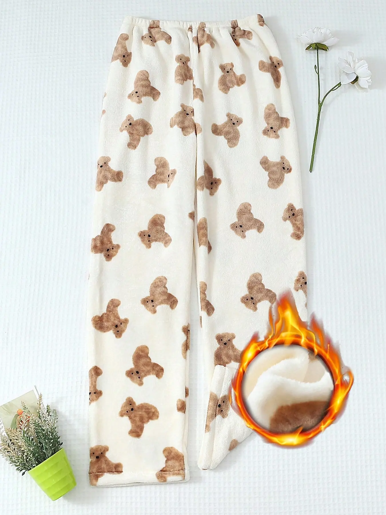 1pc Unisex Cute Apricot Teddy Bear Print Pajama Pants, Thermal Lined Soft Flannel, Loose-Fitting, Cozy for Autumn/winter
