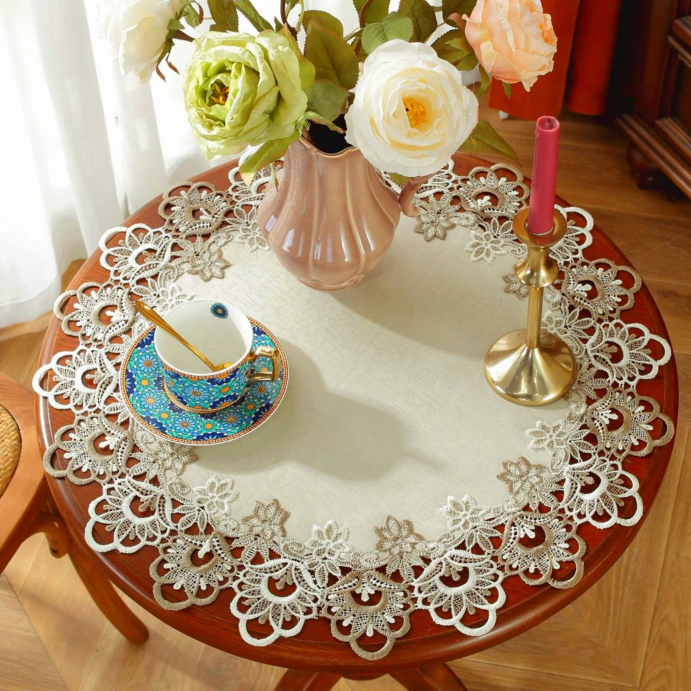 Round Tablecloth, 1 Count Embroidered Hollow Out Lace Tablecloth, Table Decoration Supplies for Home Kitchen Dining Room Wedding Party