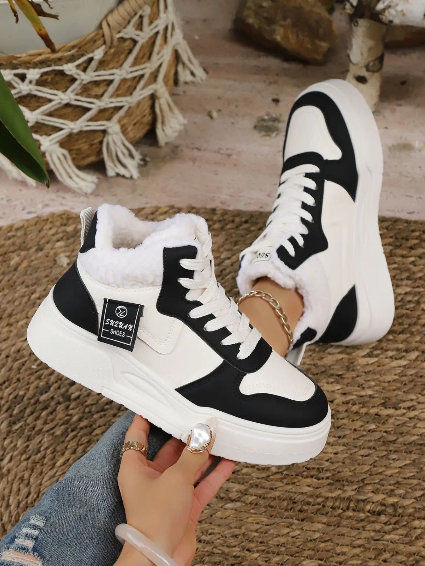 Winter Thick Sole High Top Women's Sneakers, Patchwork Warm Cotton Shoes, Versatile Casual Anti-Cold Female Shoes