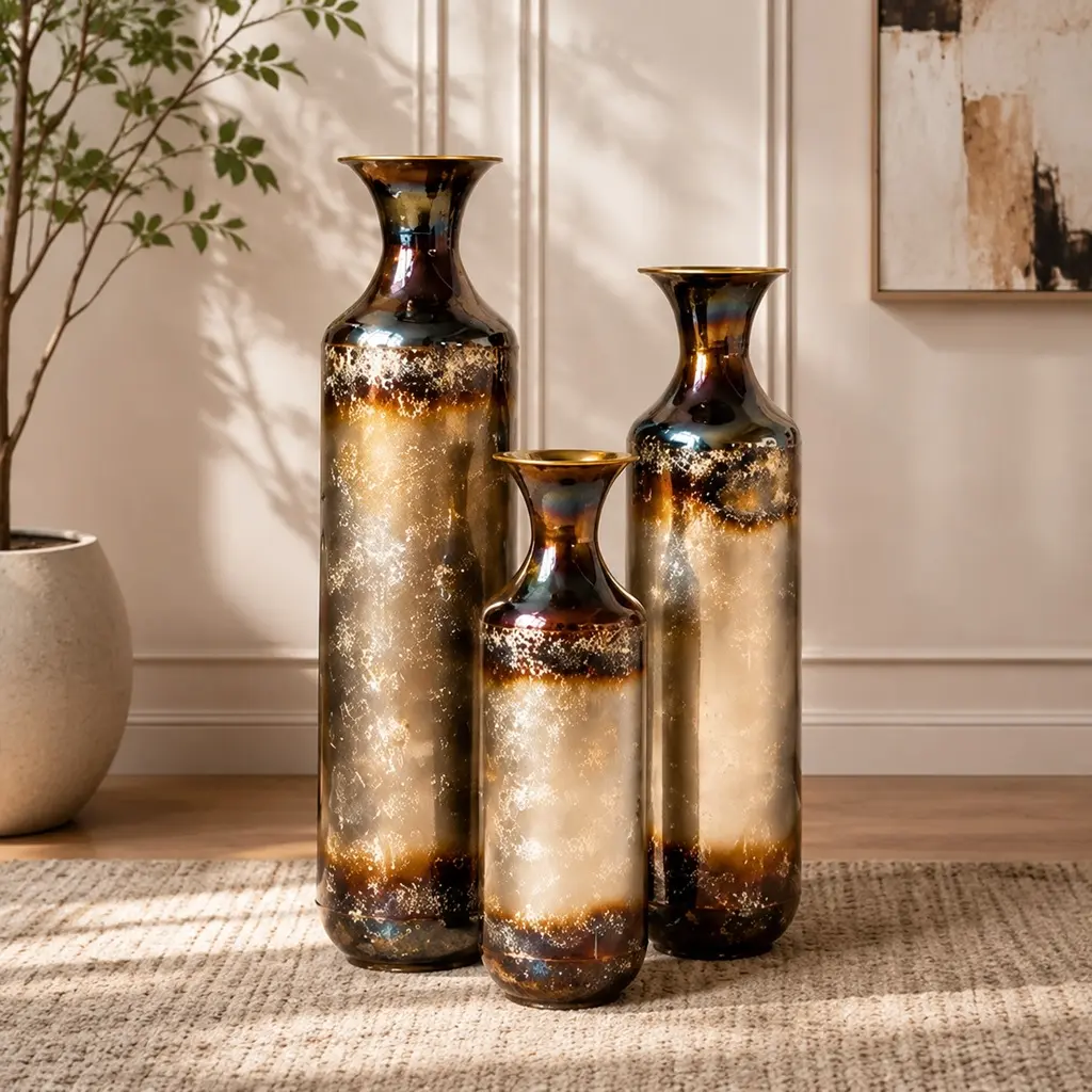 ARCH Hand-Forged Metal Vases Set of 3, Burnt Finish Rustic Floor Vases for Home Decor, 28.34 24.4 20.4 Inch Tall Flower Vases for Farmhouse Industrial Living Room Entryway Office, Gold+White Metal, Gold+White Color Options, Metal Material