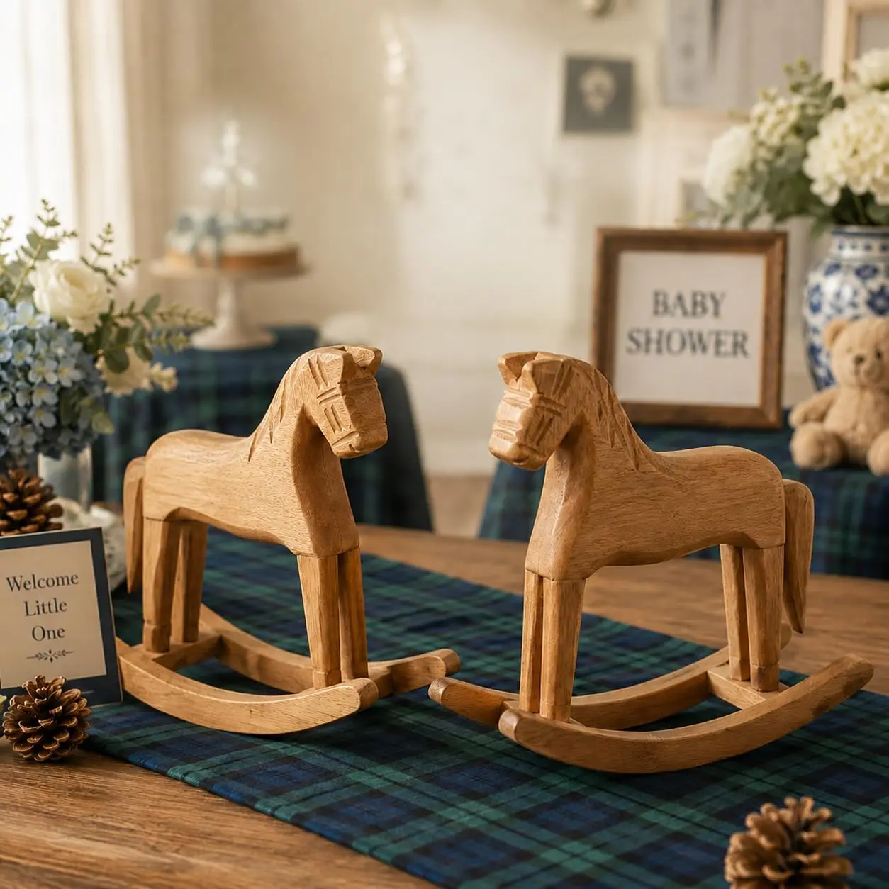 2-Pack Vintage Tartan Plaid Wooden Rocking Horse Figurine Set, Compact Farmhouse Baby Shower Table Centerpiece Decor, Blue-Green Craft Gift for Room, Wedding & Birthday, Rustic