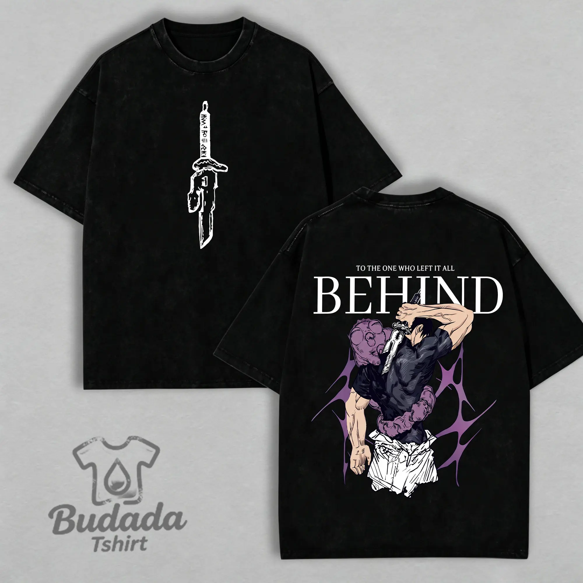 Men's Fashion T-Shirt Oversized Vintage Washed Toji Fushiguro "BEHIND" Double Sided Japanese Anime T-Shirt Jujutsu Kaisen Men Casual Shirt