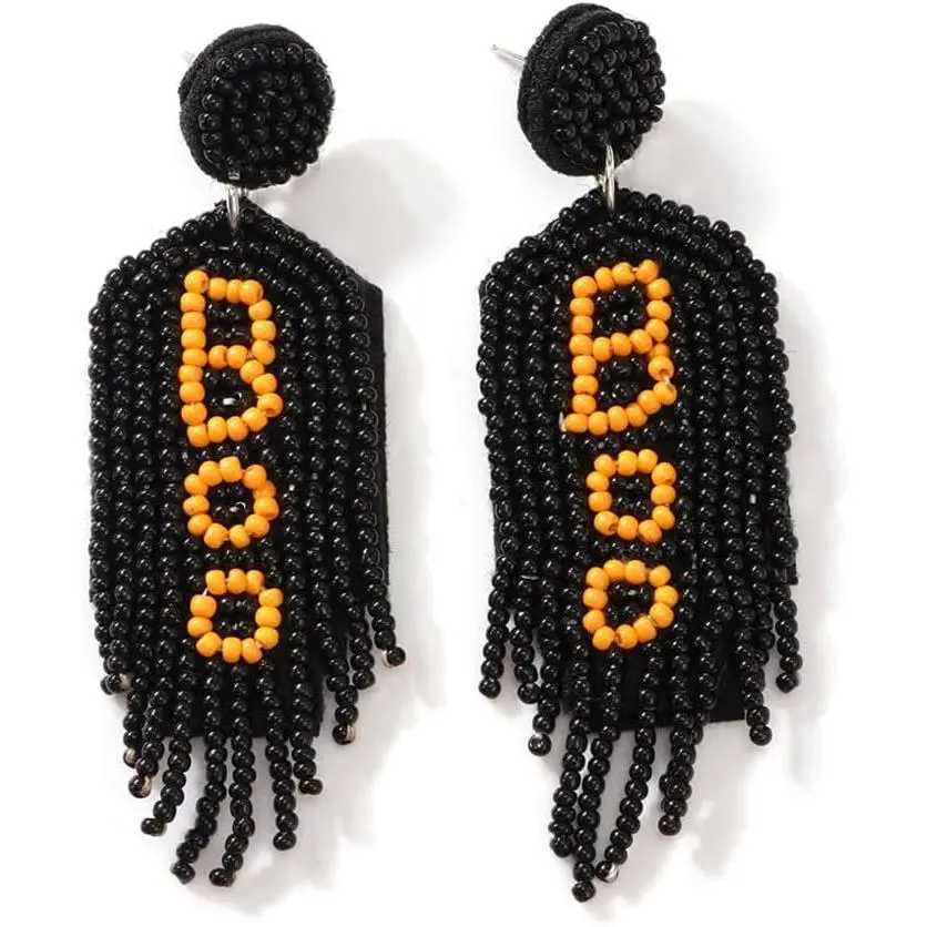 Women's Gothic Halloween Beaded Earrings - Bohemian Spooky BOO Small Beads Ear Jewelry, Fashionable Statement Accessories for Halloween Parties & Friendship Gifting