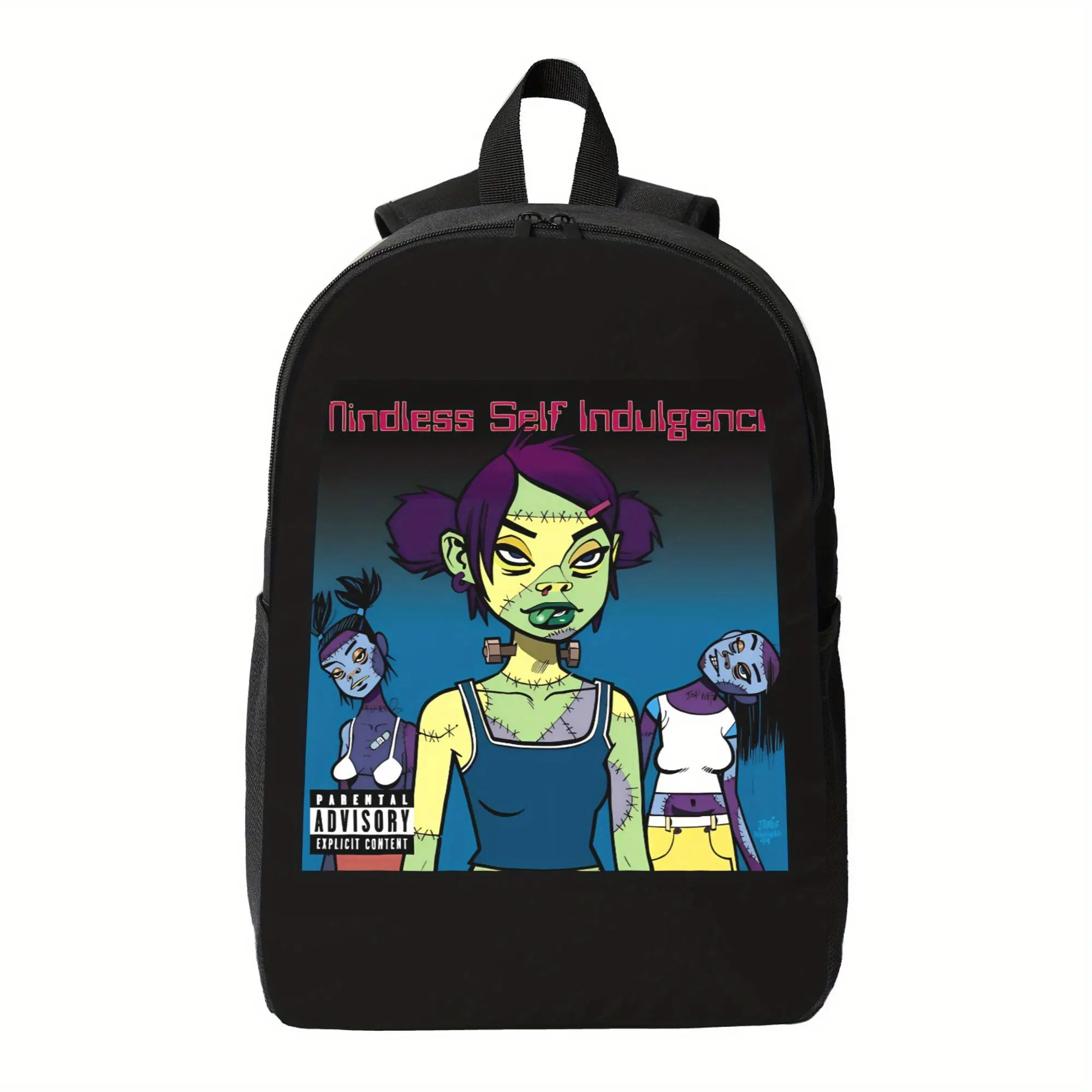 Frankenstein Backpack - Black, adjustable shoulder straps, zipper closure, features a striking pattern design, suitable for students and commuters