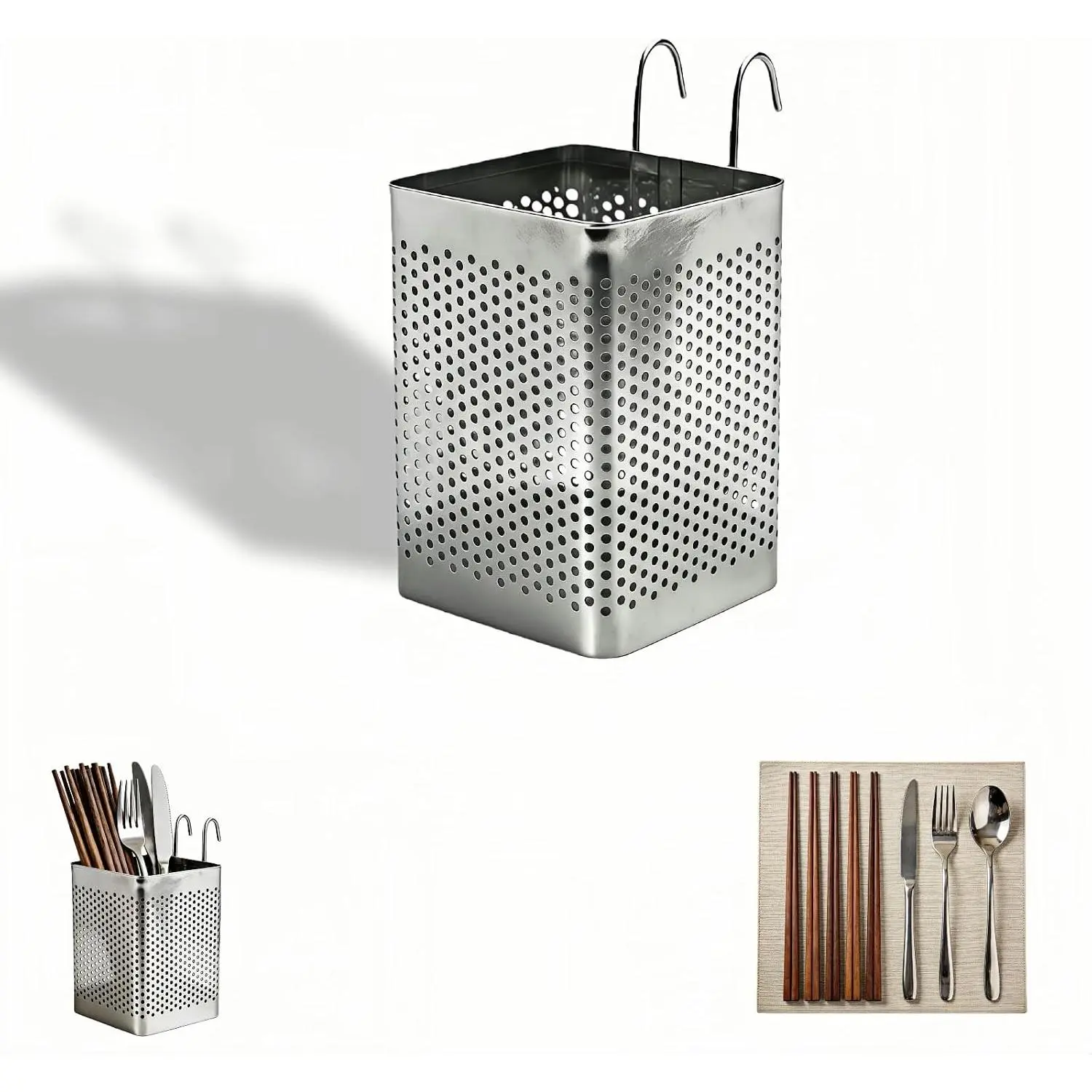 Stainless Steel Utensil Holder with Hooks, Perforated Chopstick Basket Organizer, Wall Mounted or Countertop Silverware , 3.94 x 2.76 Inch
