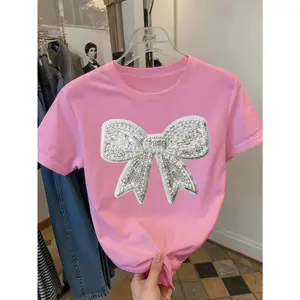 2026 New Fashion Y2K Women's Short T-Shirt, 2026 Summer Pink Cropped T-Shirt for Women, Faux Sequin Butterfly Print, Cute Sweet & Cool Style, Versatile for Daily Wear, Fit, Fabric, Breathable and Comfortable, Top Choice for Autumn and Summer Outfits