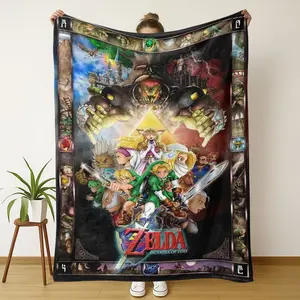 Zelda Ocarina of Time Flannel Blanket, Soft Fleece Throw, Link Zelda Ganondorf Triforce Print, Sofa Bed Couch Gaming Room Decor