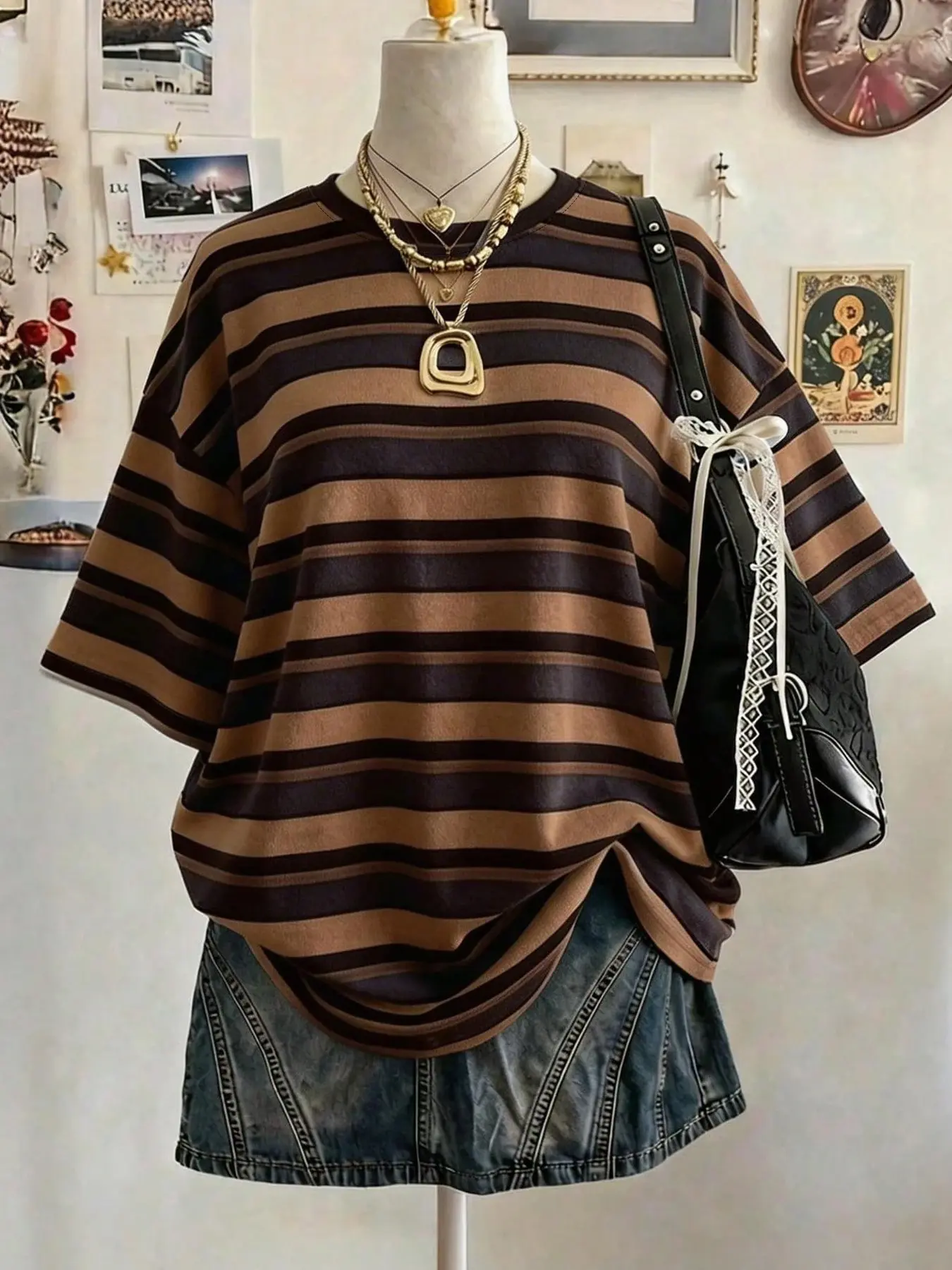 Women's Slogan Print Striped T-Shirt, Loose Fit Casual Top, Breathable and Comfortable, All Seasons Wear, Daily