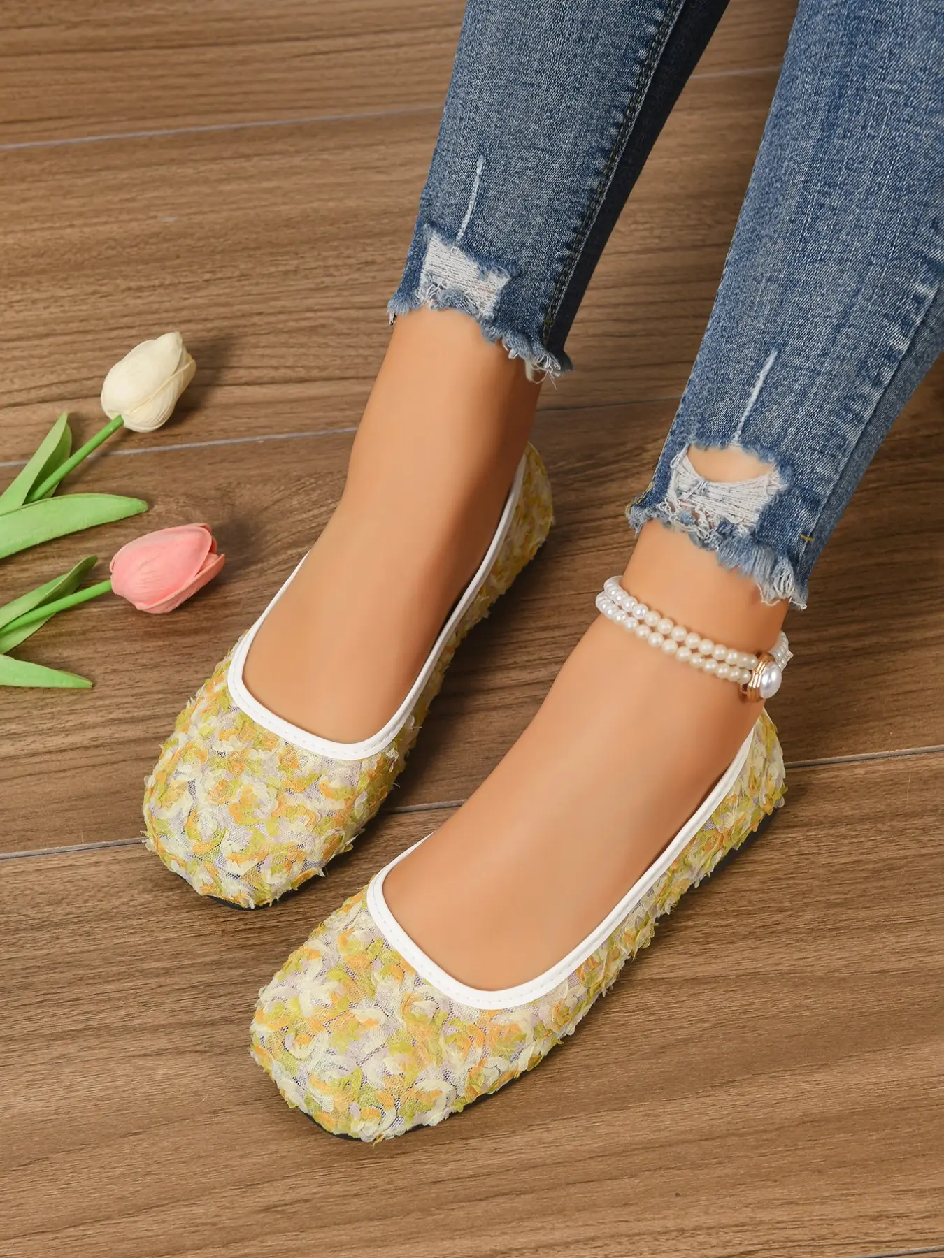 Women's Square Toe Floral Mesh Flat Shoes, Summer Breathable Slip-On Sneakers, Soft Sole Anti-Slip Grandma Shoes