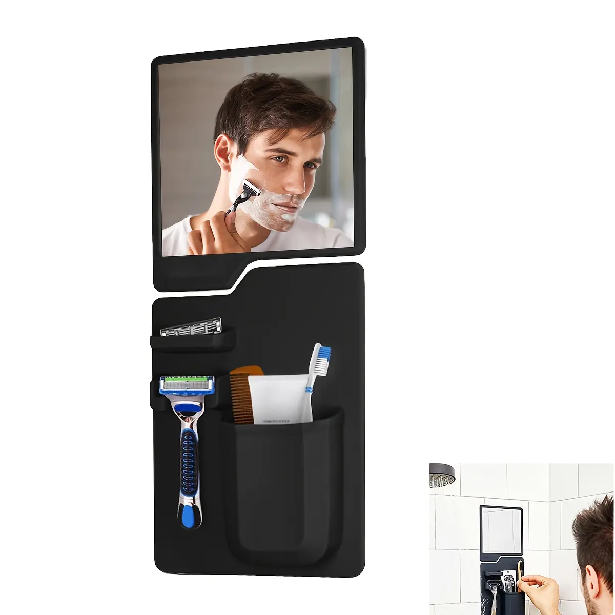 Shower Shaving Mirror & Storage Set | Wall-mounted vacuum suction cup holder for toothbrushes, razors and toiletries, acrylic mirror with storage compartment, modern bathroom accessories, End