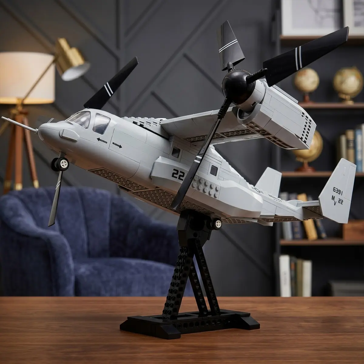 V-22 Osprey Tiltrotor Military Aircraft Building Blocks Set with Custom Display Stand, Modern Aviation Helicopter Plane Model Kit, Collectible Desktop Vehicle Building Toy, Building Block Sets, Holiday Gift for Adults and Boys