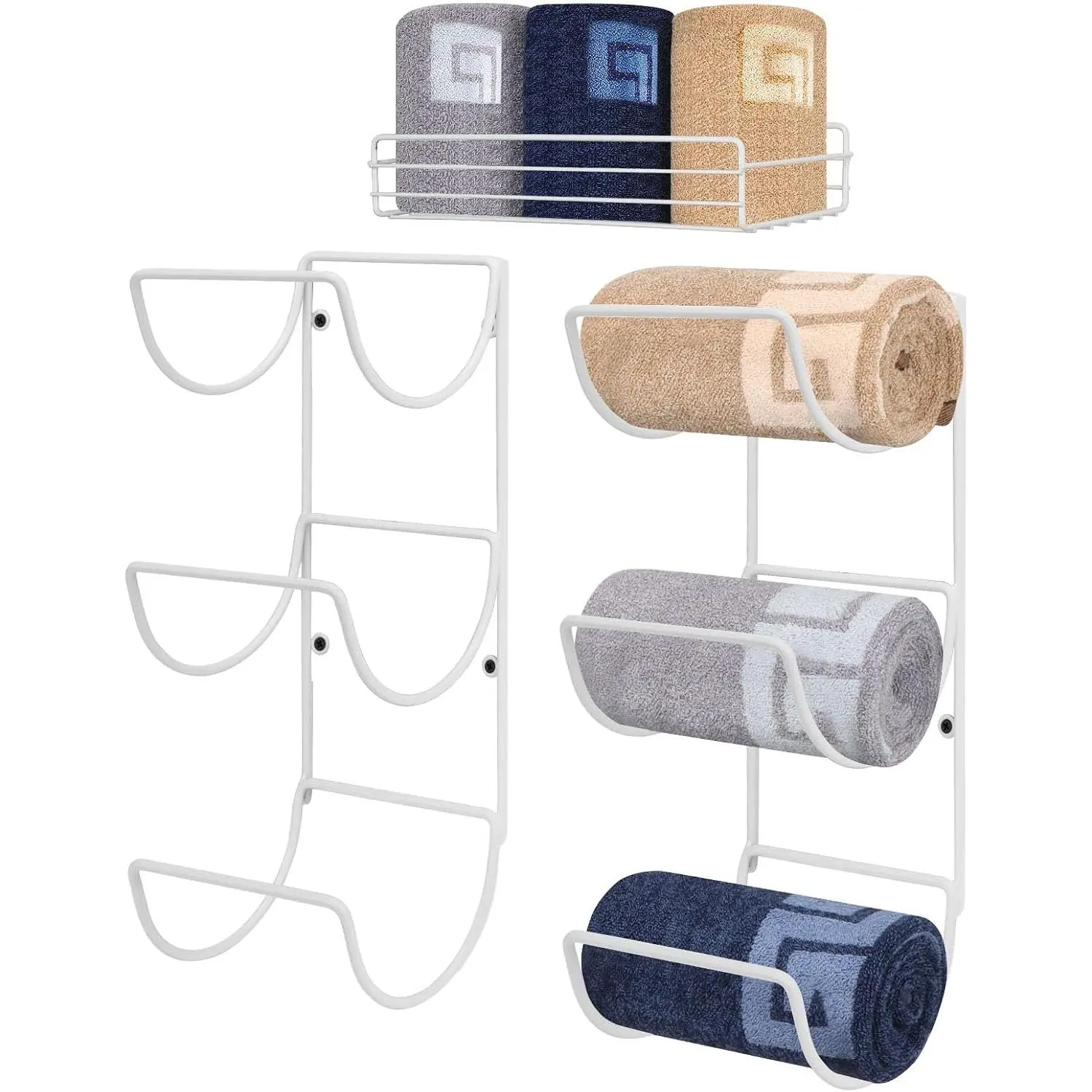 Towel Rack Wall Mounted-  Metal Bathroom 2 Towel Rack Holders+ Hand Towel Storage Basket, Rustproof 3 Level  Rack Organizer for Hand Towels, Washcloths, 2+1 Pack (White)