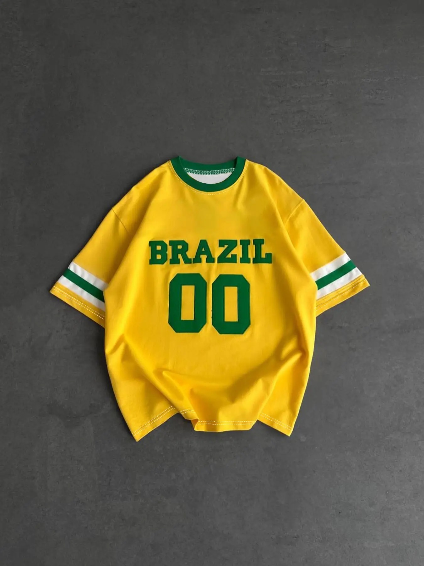 Unisex Vintage Brazil Soccer Jersey T-Shirt Football Tee Yellow Green Stripe Short Sleeve Casual Top For Daily Wear & Sports Events