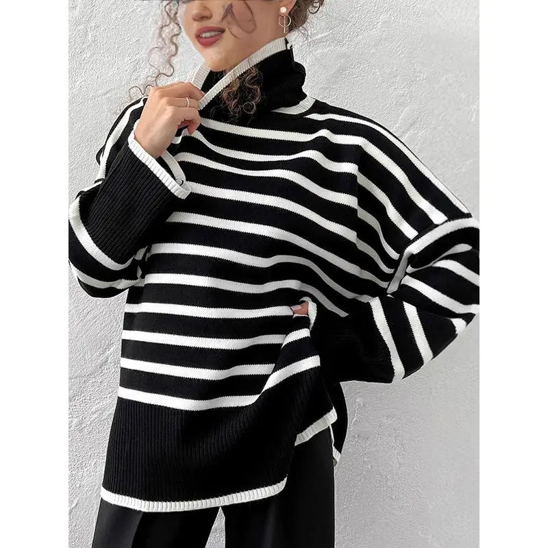 High‑Neck Long‑Sleeve Black‑White Striped Sweater Tops, Oversized Loose‑Fit Side Split‑Side Ribbed Trim Pullover Tops Casual Daily Fashion Long Sleeve Tops For Women