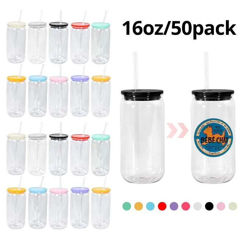 50-Pack 16oz Single-Wall Transparent Acrylic Cups with Colorful Leak-Proof PP Lids, Portable Kitchenware Drinkware Water Bottles, USA Warehouse Stock for Water & Beverages