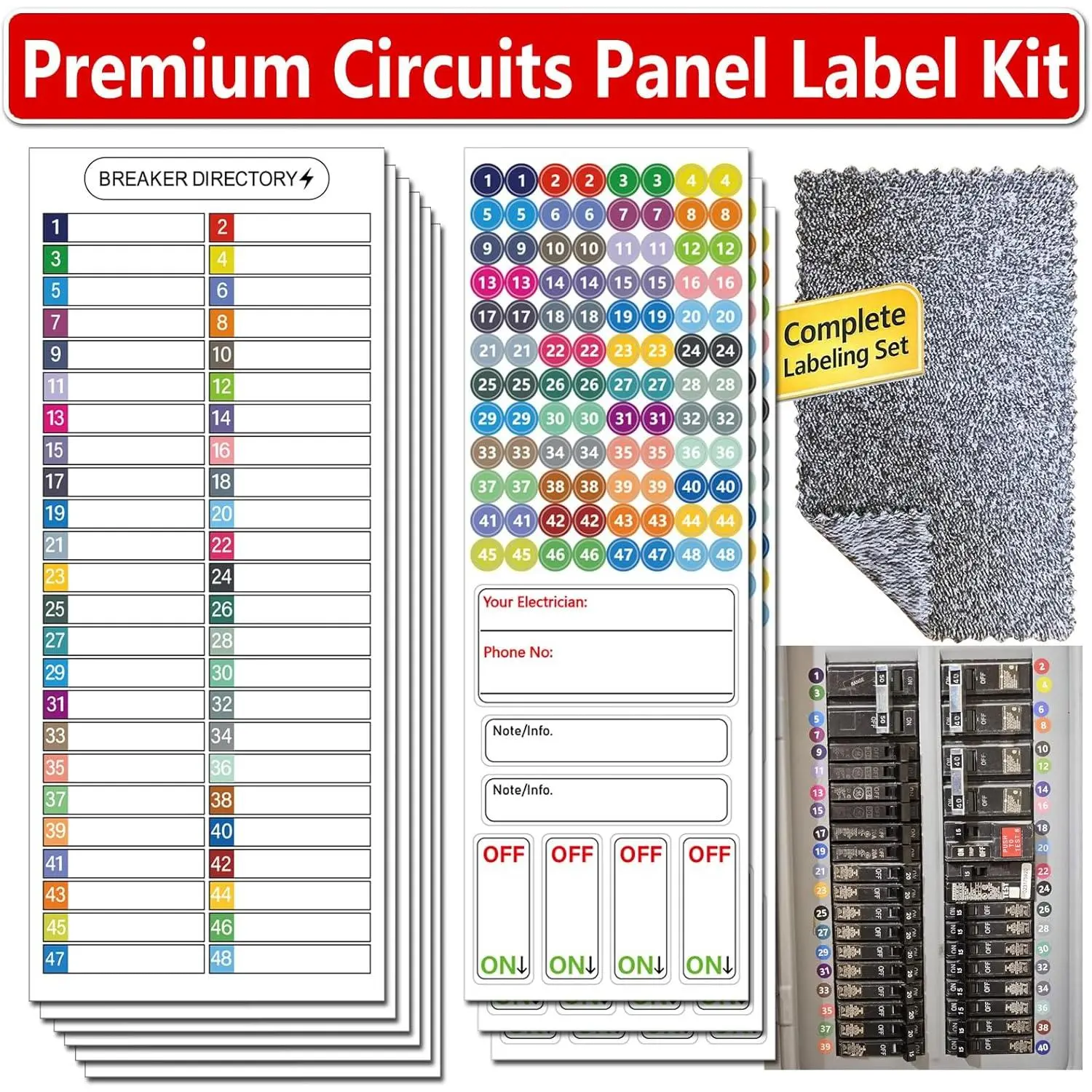 Electrical Panel Labels Kit, 48 Circuit Breaker Labels with Cleaning Cloth |  vinyl breaker labels & stickers for electrical panels, with directory sheet,  adhesive and cleaning cloth.