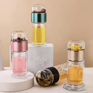 Double Wall Borosilicate Glass Tea Tumbler with Removable Strainer & Leakproof Lid, Heat Resistant Water Separation Design for Hot & Cold Brewing, Suitable for Loose Leaf Flower & Cold Brew Tea, Dishwasher Safe Drinkware for Home Office Travel Daily Use