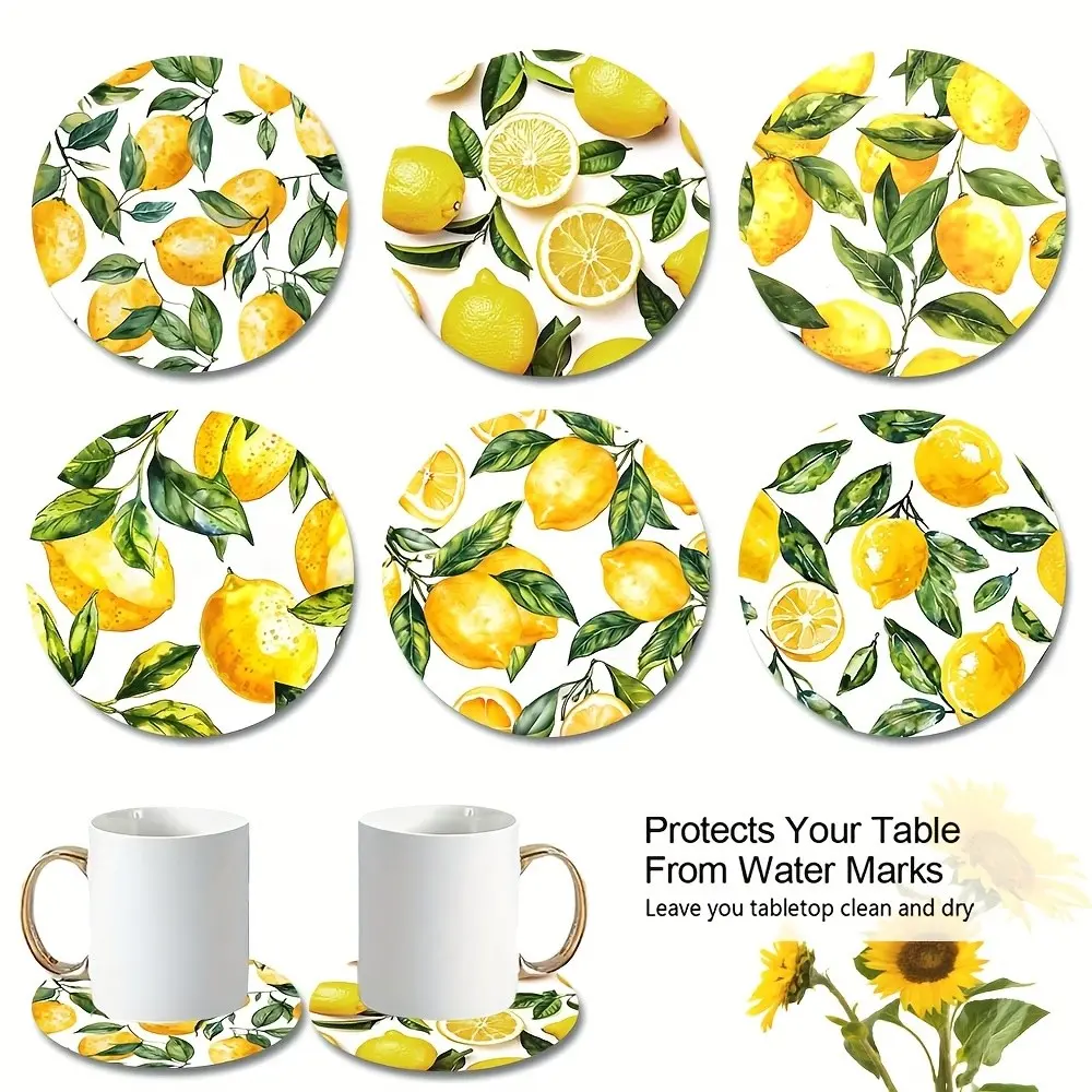 6pcs Lemon Leaf Wooden Cup Mats, Cup Coasters, Simple Unique Fashion Decor, Suitable for Kitchen, Living Room, Dining Room, 6 Piece Set