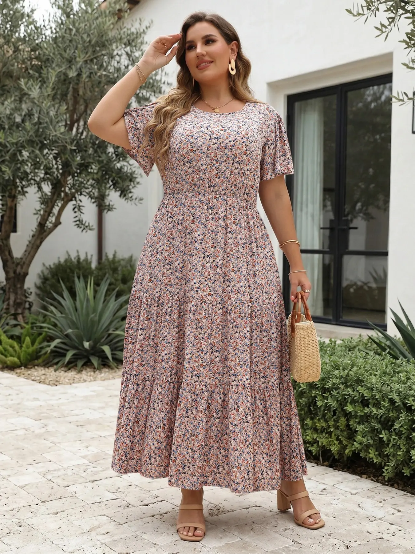 plus size casual summer dresses with sleeves GIBSIE Plus Size Floral Print Puff Sleeve Boho Dress Women Summer Casual Holiday Beach Swing Female Knee Length Dresses 2024