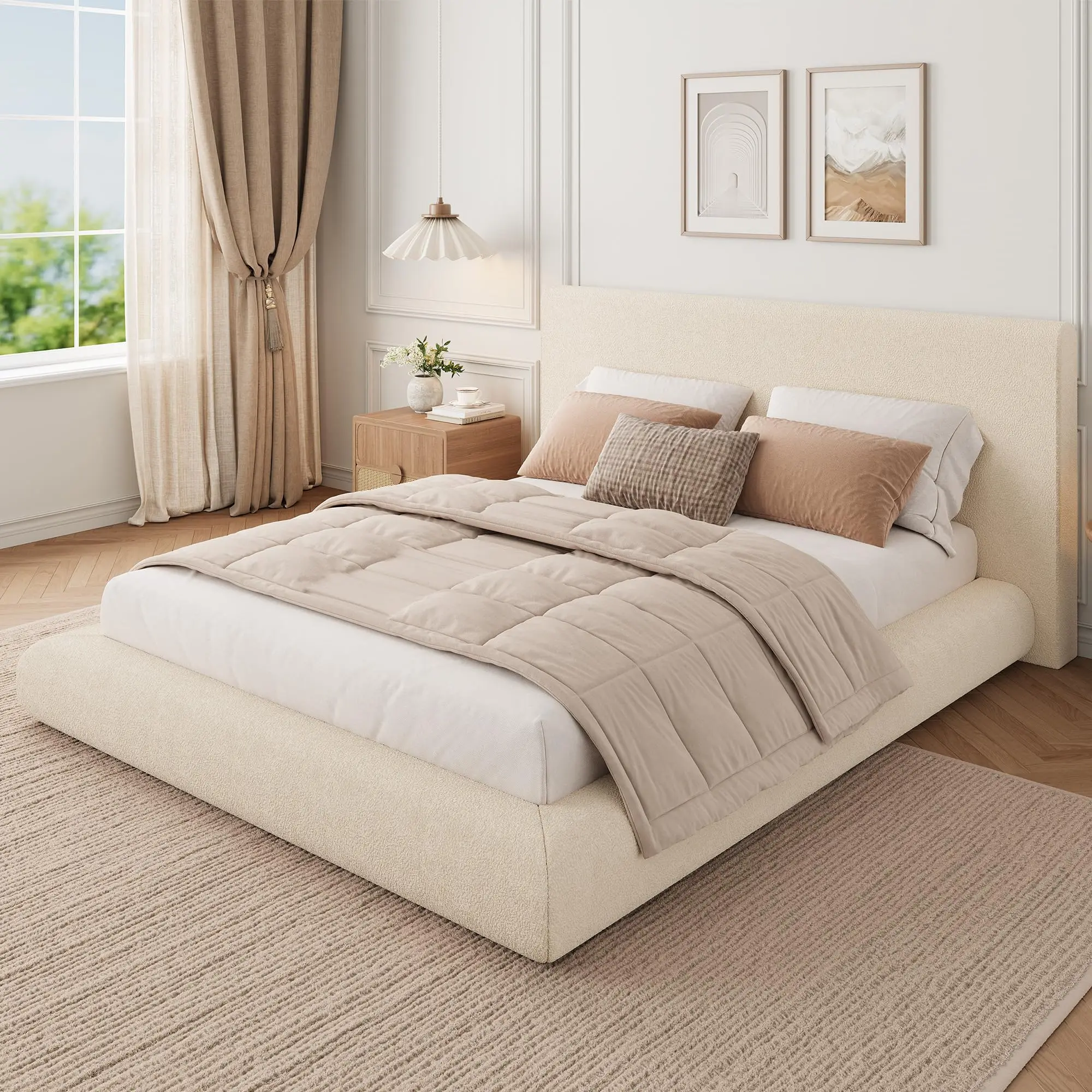 Upholstered Cloud Platform Bed Frame - Multi-Size (Full/Queen/Kings), Soft Plush Fabric Headboard, Easy Assembly, No Box Spring Needed, Modern Design, White Indoor Furniture