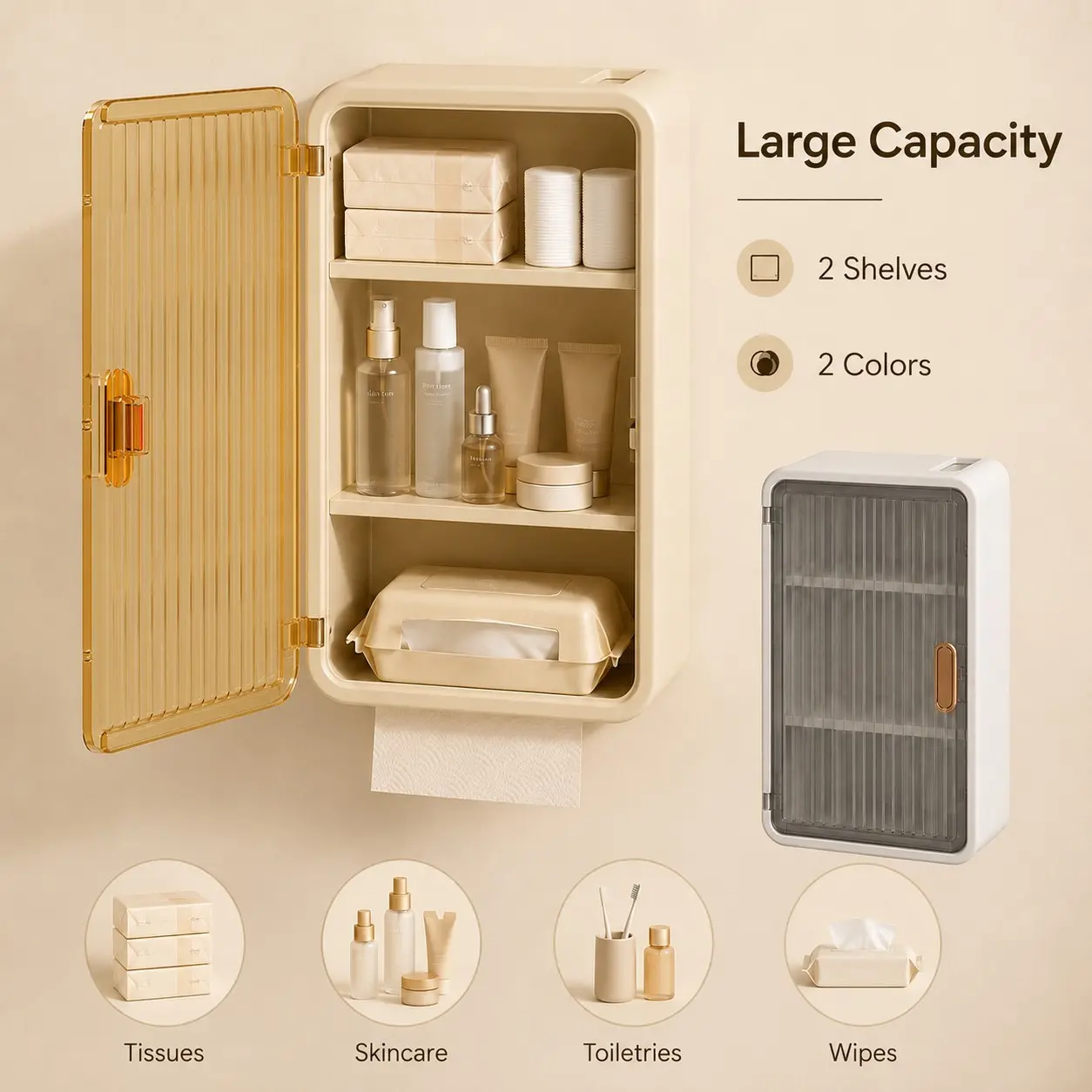 Modern Minimalist Bathroom Storage Box, Wall-Mounted Paper Towel Holder, Multi-Functional Shelf with Compartments, Transparent Window, Waterproof Dustproof Lid