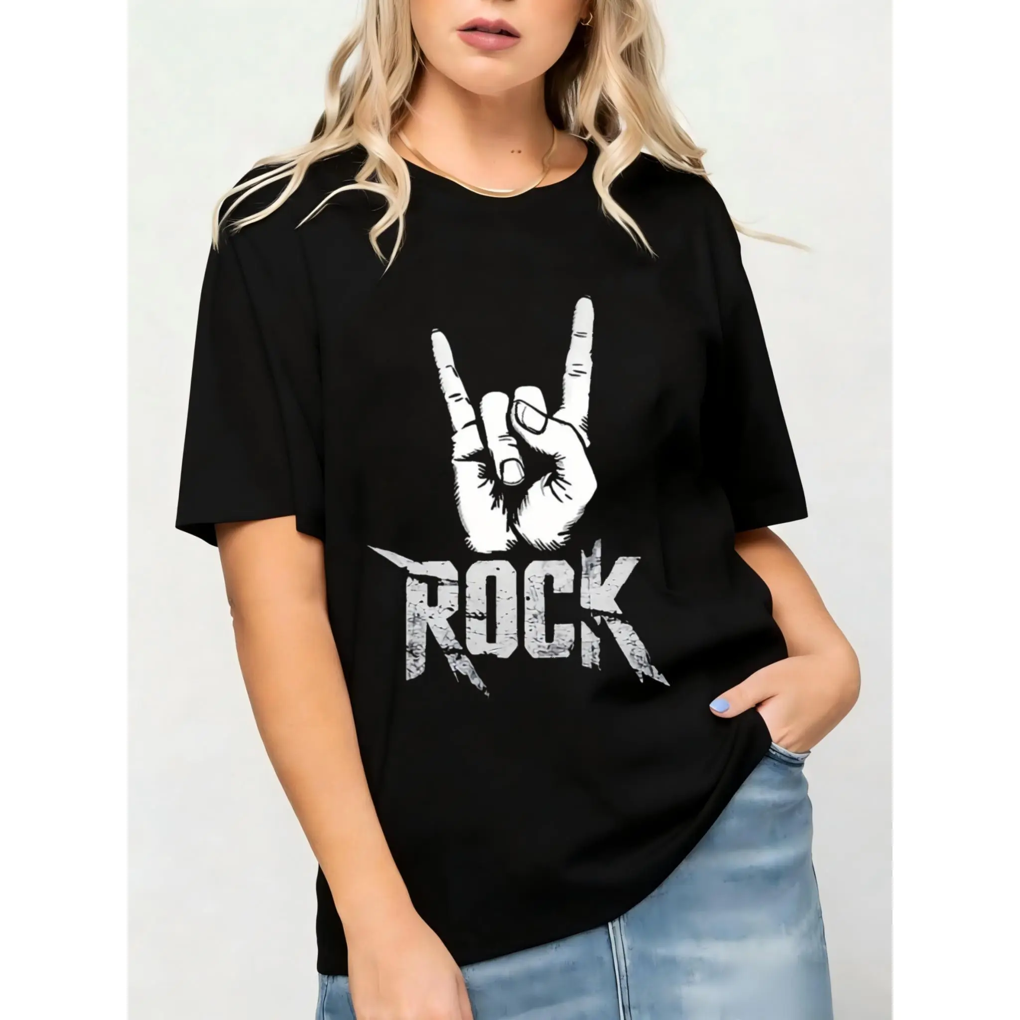 Women's ROCK Graphic Print T-Shirt, Casual Fitted Short Sleeve Crew Neck Top for Spring Summer, Shortsleeve, Tshirt, Digital Print Women's T-Shirts, Round Neck, Rockstar Original Graphic Print Women's T-Shirts