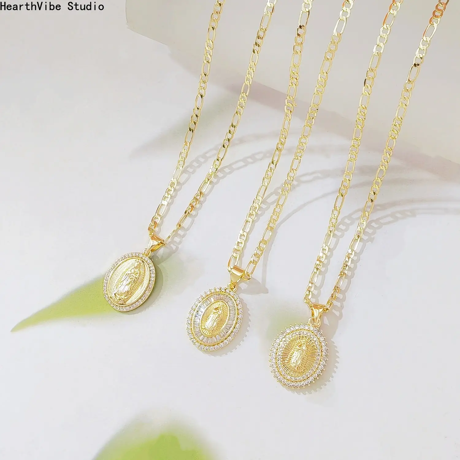 14K Gold Plated Virgin Mary Necklace for Women Men Our Lady of Guadalupe Pendant with CZ Diamonds Stainless Steel Figaro Chain Catholic Religious Jewelry