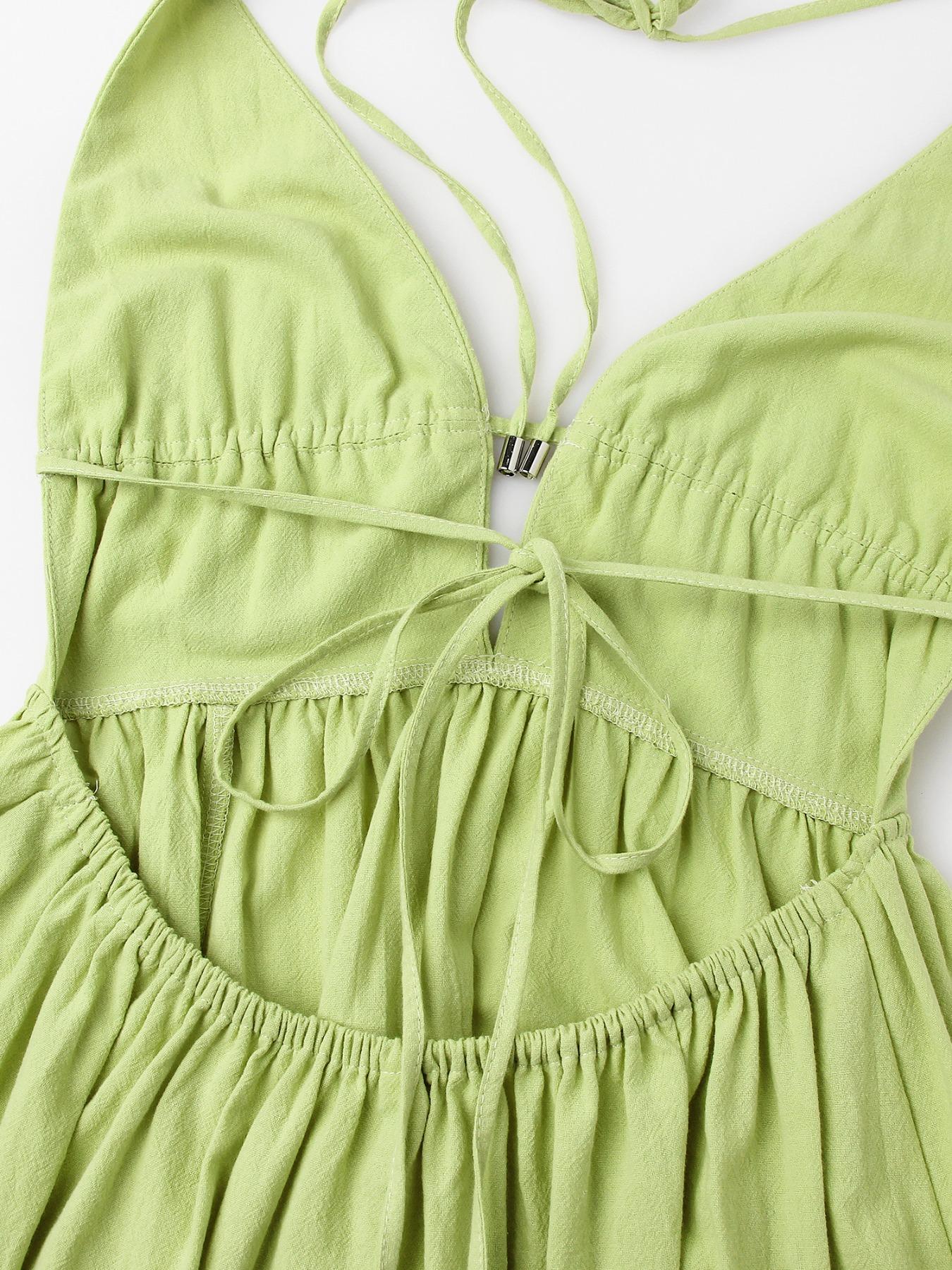 Women's Solid Color Tie Shoulder Backless Long Dress, Sexy Fashion Casual Deep V Neck Sleeveless Dress for Beach Holiday Vacation, Ladies Clothes for Summer, Halter Strap Dress