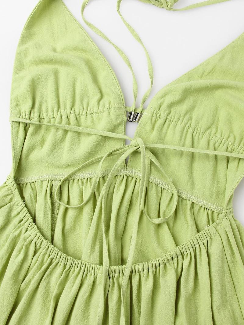 Women's Solid Color Tie Shoulder Backless Long Dress, Sexy Fashion Casual Deep V Neck Sleeveless Dress for Beach Holiday Vacation, Ladies Clothes for Summer, Halter Strap Dress