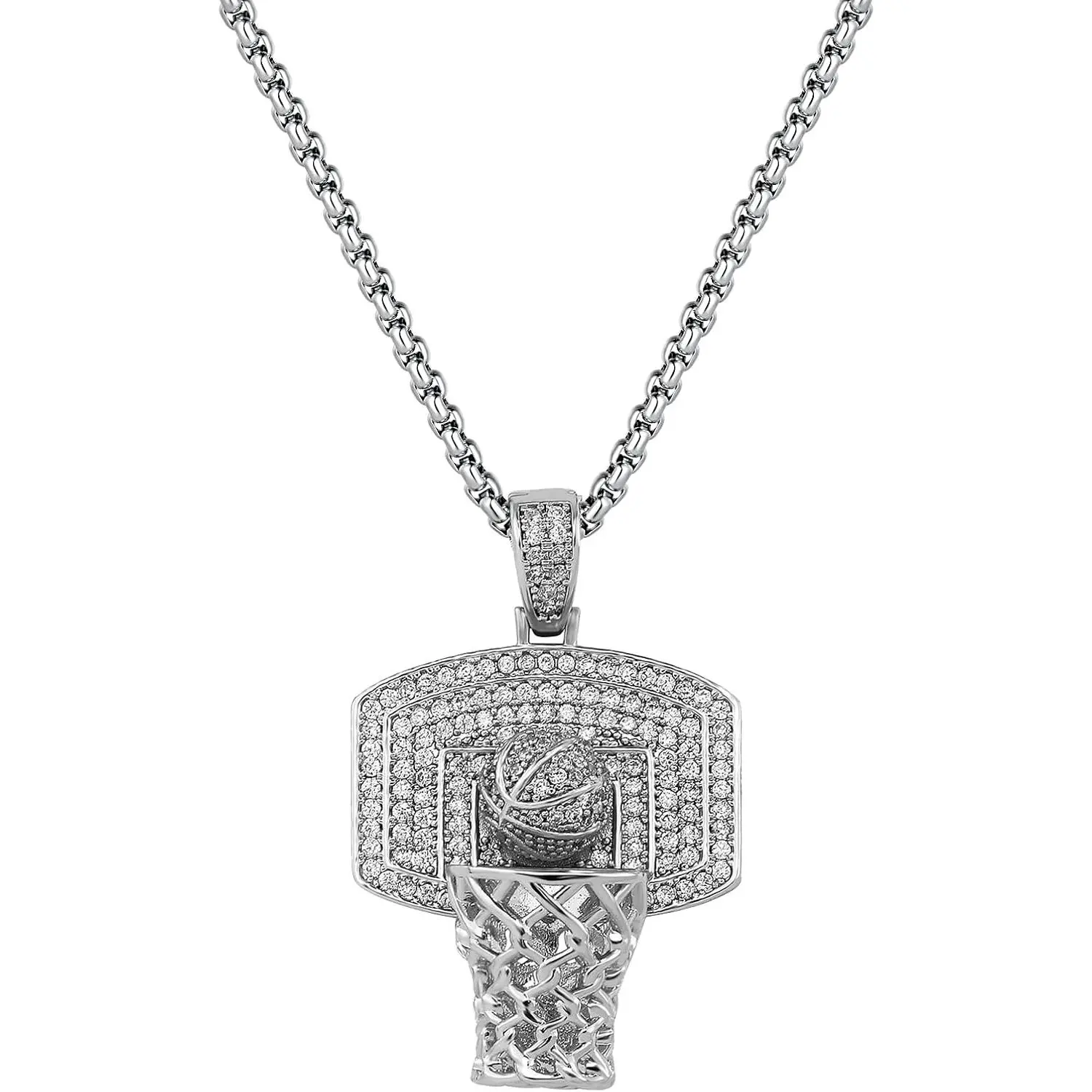 Cubic Zirconia Basketball Hoop Pendant Necklace  Hop Style    for Him,Athletes,Fans