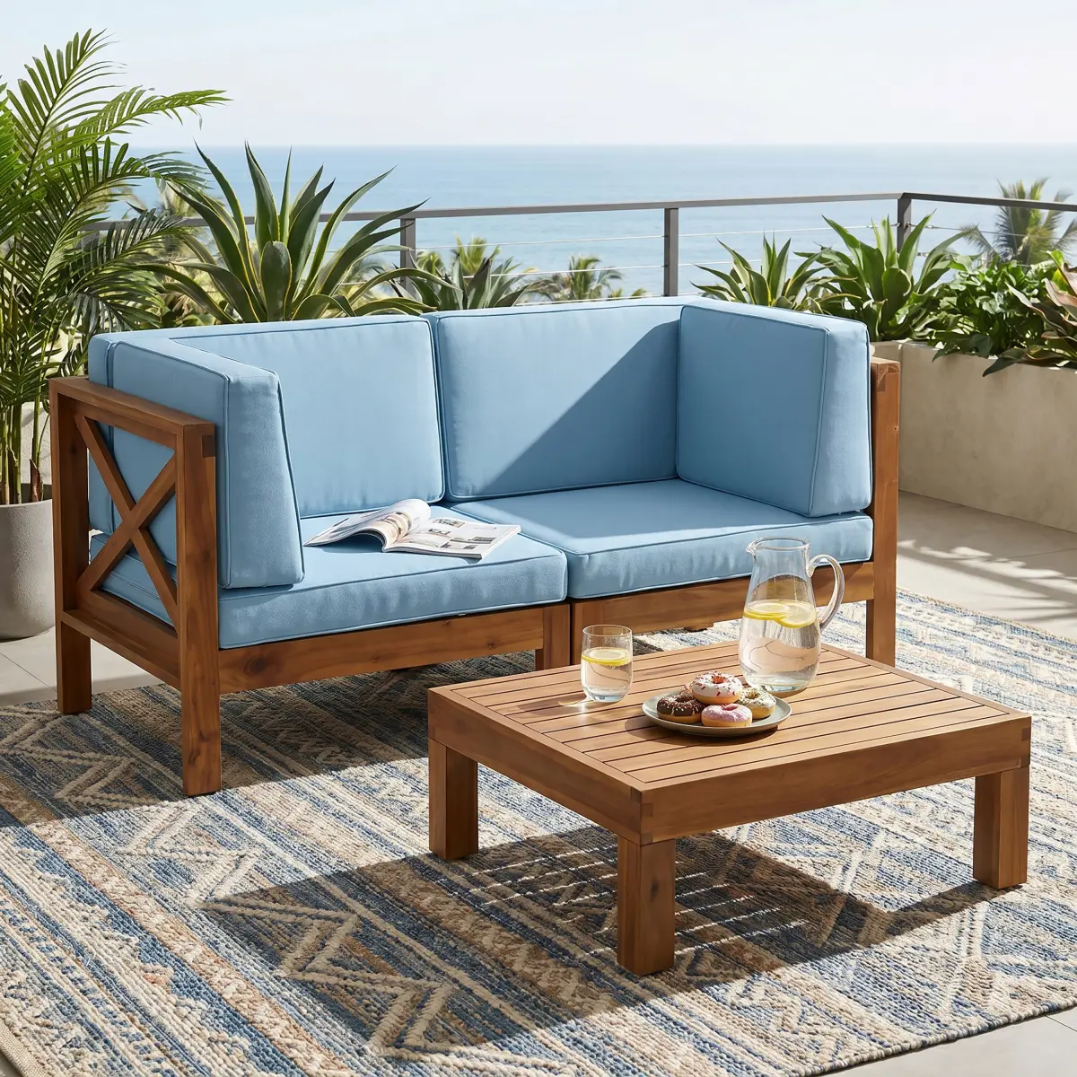 Christopher Knight Home® Brava X-Back 2-Seater Loveseat with Acacia Wood Coffee Table, Side Arms, Sectional Sofa, Sofa Sectional Couch, Requires Setup, Blue