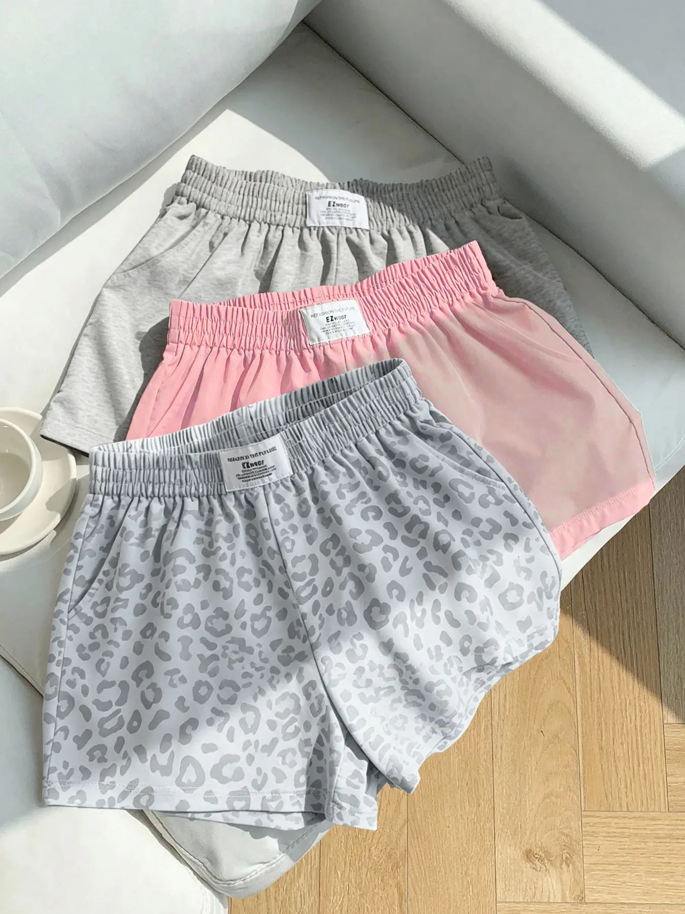 3-Pack Vintage Millennial Leopard Print & Solid Shorts, Bottoms, Elastic Waist Letter Label, Loose Fit, Baggy, Breathable Fabric, Casual Daily Wear
