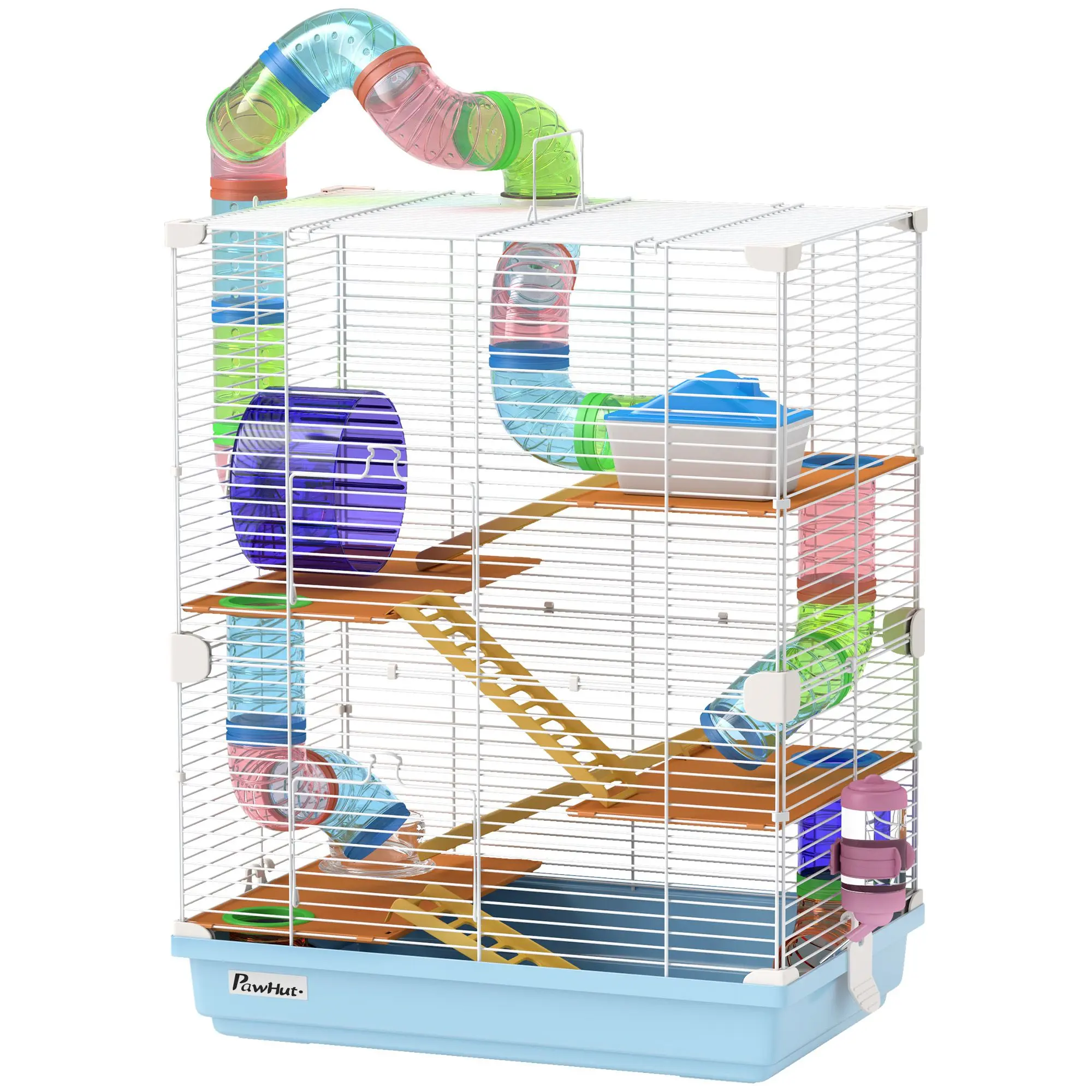 5-Tier Hamster Cage, Portable Animal Travel Carrier with Exercise Wheels, Tube, Light Blue