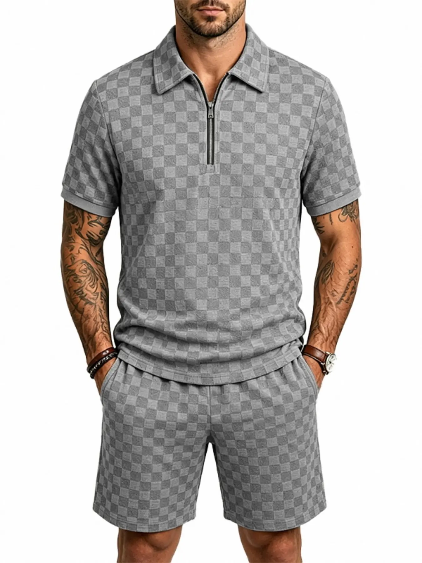 Men's 2-Piece Plaid Set, Half-Zip Polo Shirt with Drawstring Shorts, Luxury Casual Summer, 4 Colors Available