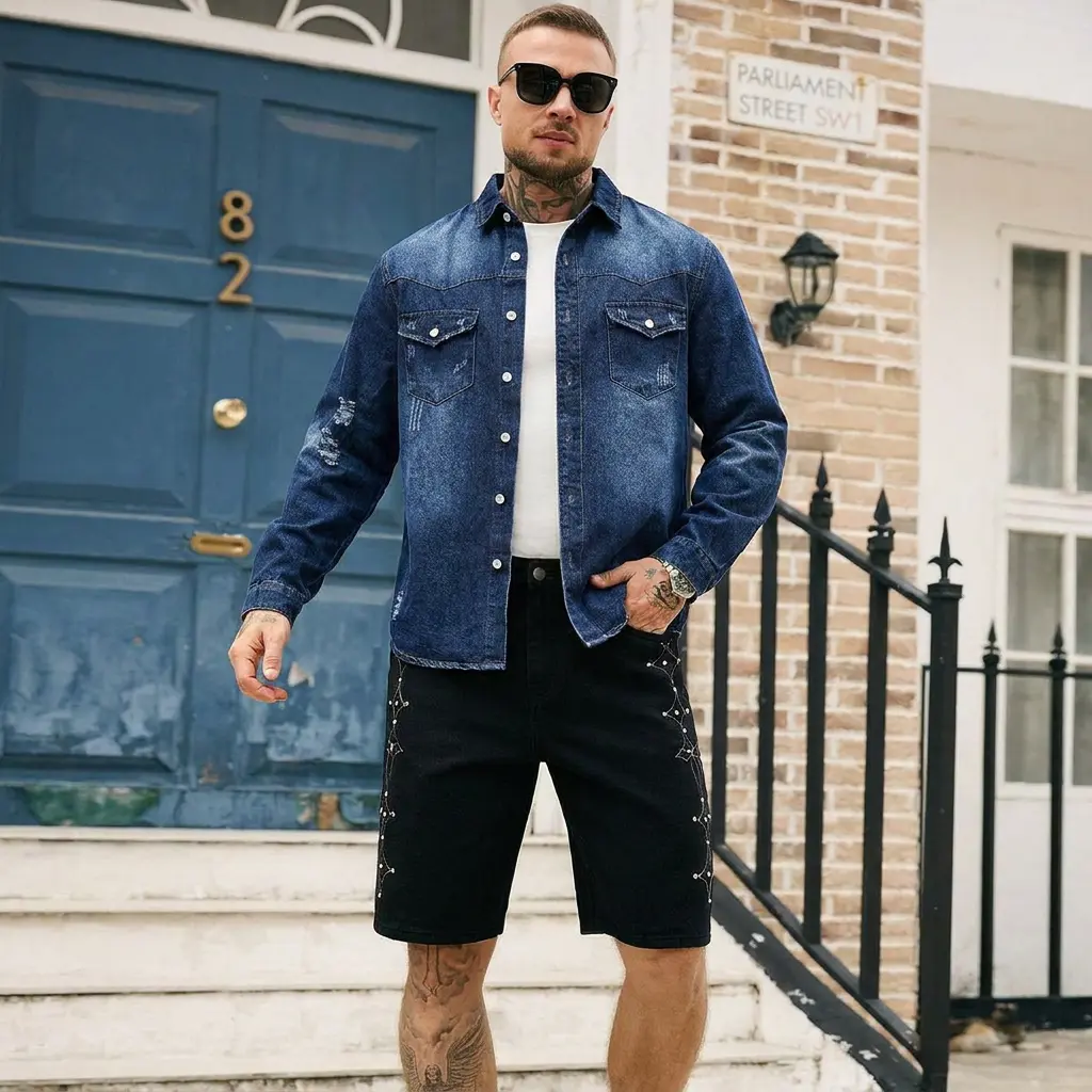 Men Old School All Season Dark Blue Washed Ripped Western Denim Shirt Relax Long Sleeve Point Collar Dual Flap Chest Pocket Oversize Woven Denim Shacket Urban Streetwear Layer Top For Concert Street Hangout Men’s Daily Outfits