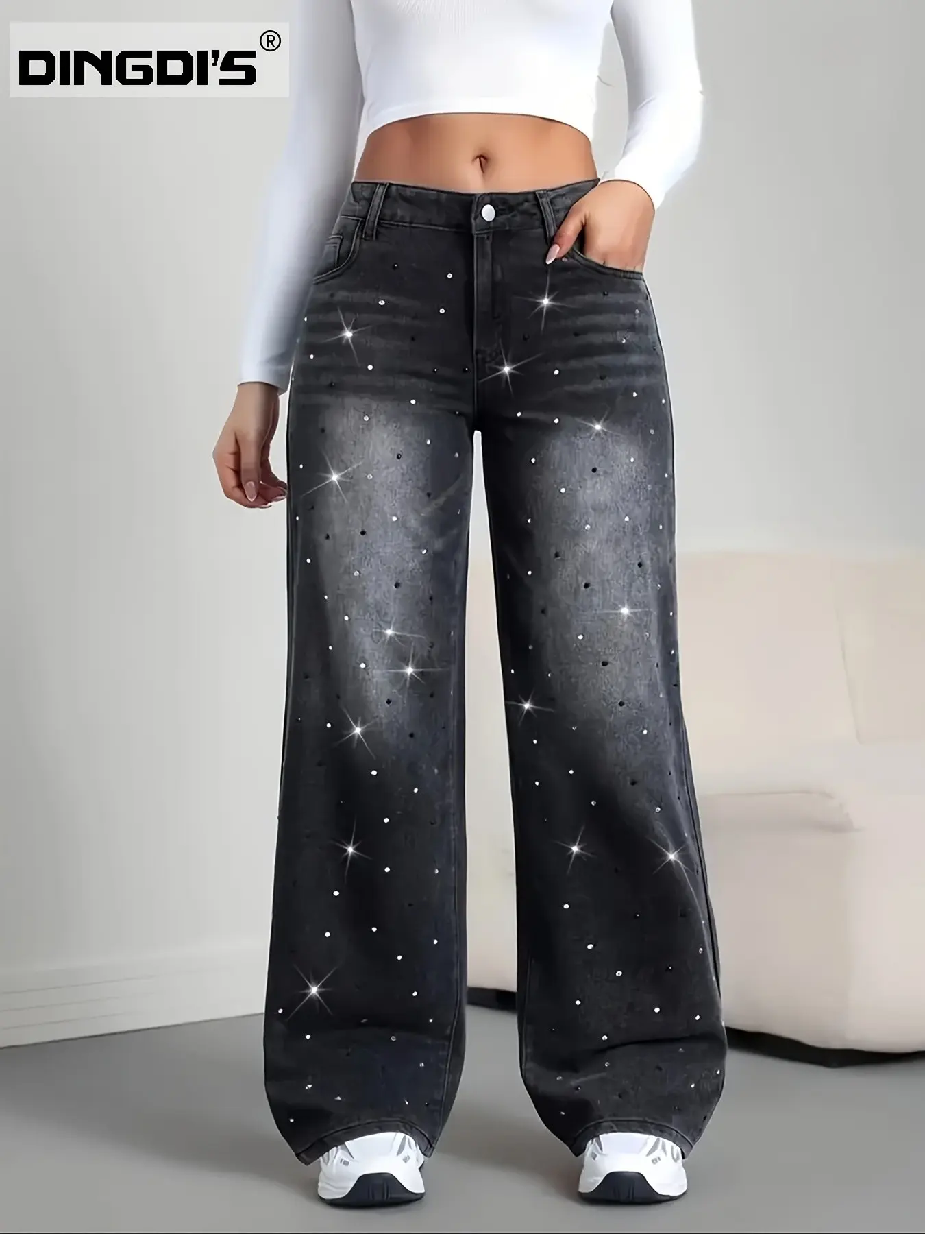 Women’s 2026 New Stretch Wide-Leg Jeans – Rhinestone-Embellished Straight-Leg Denim with Pockets, Washed Black High-Waist Tummy-Control Comfort Fit, Elegant Women's Apparel – Perfect for Work, Travel, and Office Casual Wear.
