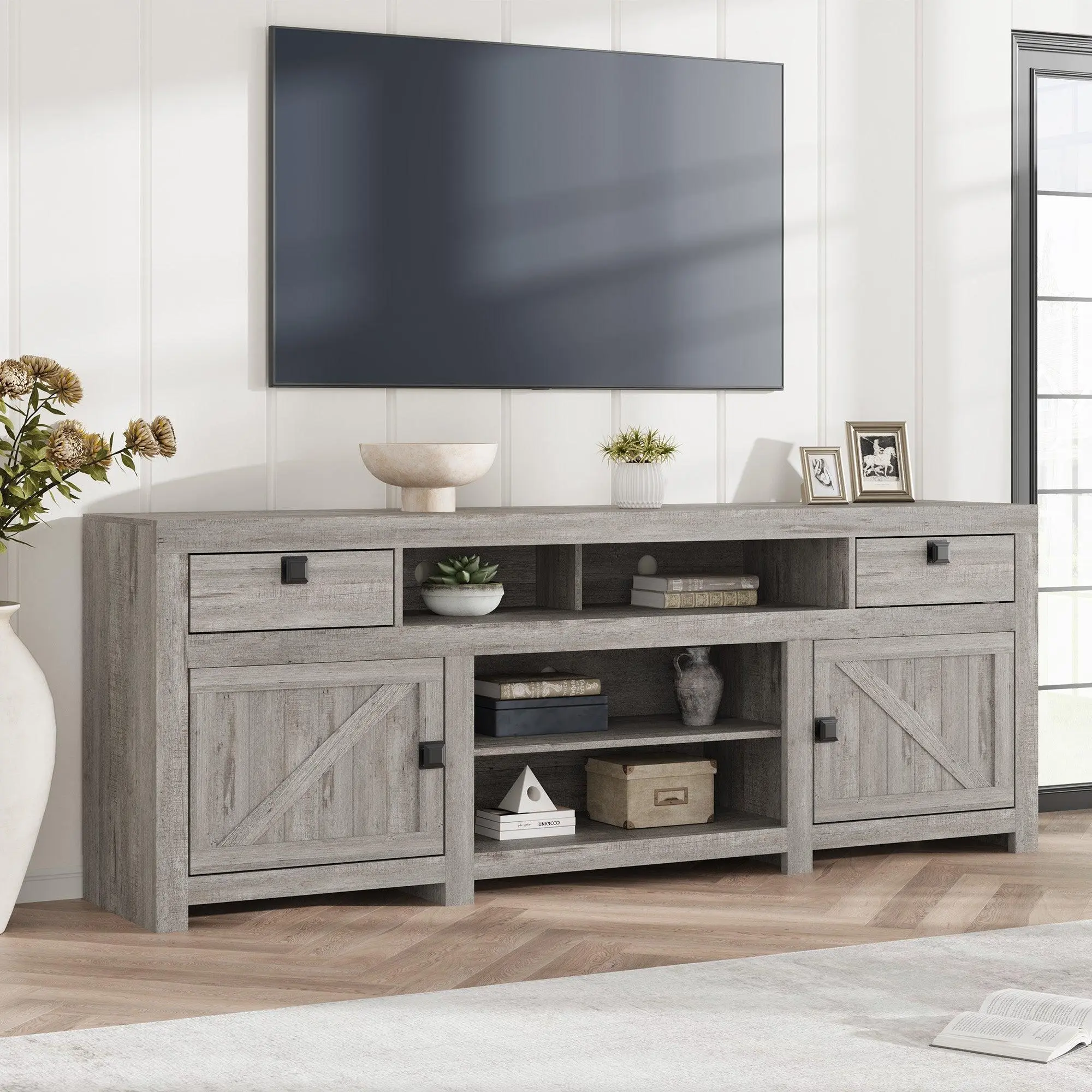 GARVEEFarmhouse Entertainment Center for Large TVs up to 80 Inches with 4 Storage Drawers and 3 Open Shelves, Available in Grey and White, Perfect for Living Room and Bedroom