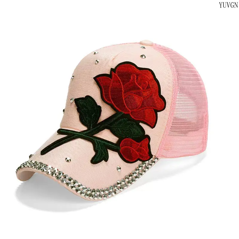 Floral Rose Embroidery Mesh Back Curved Brim Trucker Cap, Rhinestone Trim Sparkly Adjustable Sun Hat, Soft Two Tone Daily Headwear, Elegant Decor Accessory for Shopping Beach Travel Casual Daily Outfits, Trucker Hats Women, Women's Trucker Hat