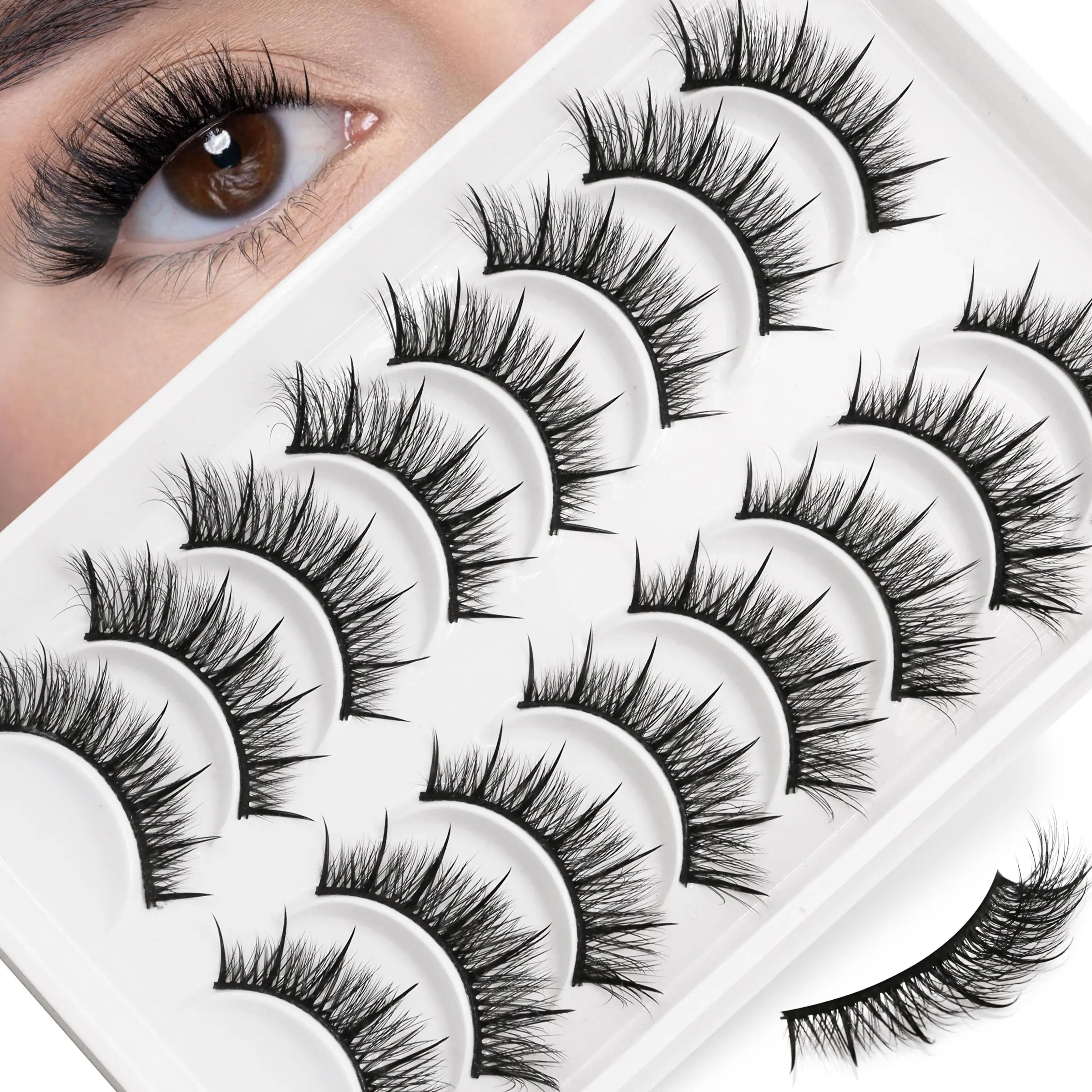 GROINNEY 8 Pairs Manga Lashes, Anime Lashes Wet Look False Eyelashes Fluffy Airy Lashes Natural Look Full Strip Lashes Fairy Eyelashes C Curl Wispy Fake Lashes Little Devil Eyelashes for Daily & Date,Party,Cosplay,Travel Essential