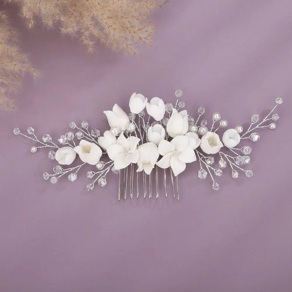 Silver Flower Wedding Headpiece Pearl Crystal Bridal Hair Comb for Women Handmade Gold Headdress Party Head Accessories Tiaras