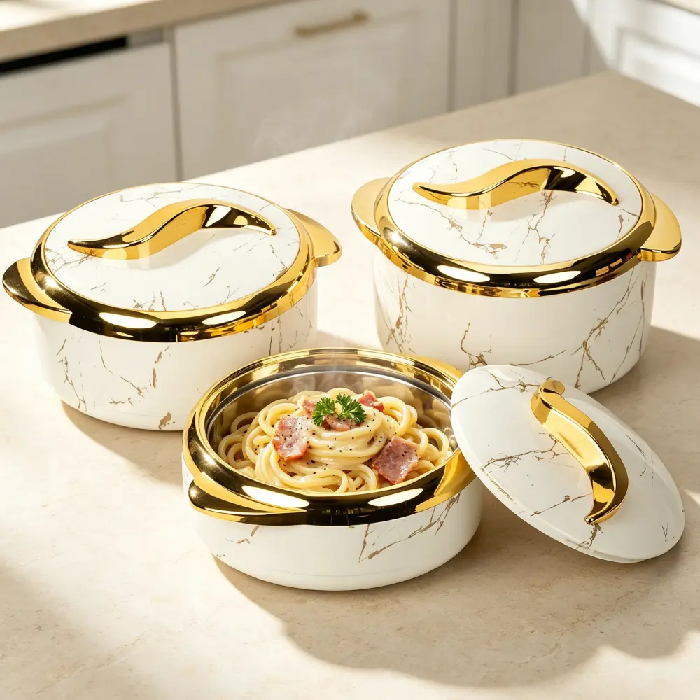 3-Piece Sturdy Thermal Serving Bowls Set with Covers, ABS Plastic-Insulated Stainless Steel Tableware, Hot-Cold Containers for Buffets, Work Lunches