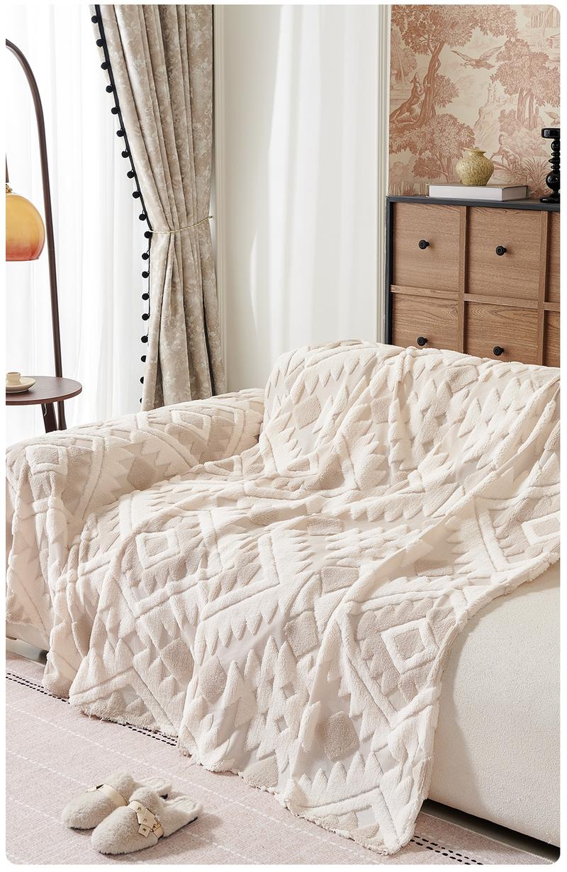 Bohemian Plush Sofa Throw Blanket, Geometric Pattern Design, Pet-Friendly, All-Season Use, Home Decor, Sofa Couch Covers, Sofa Slipcover